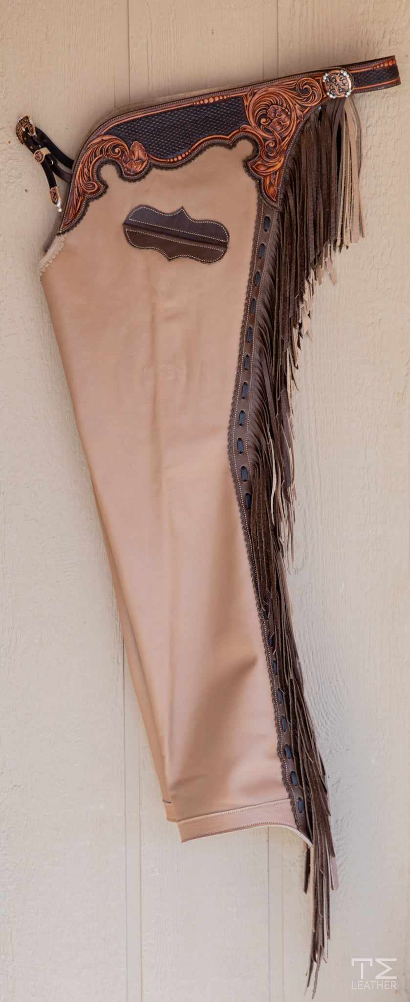 Tough 1 Western Chinks Chaps: Floral Tooled Yoke, Smooth Tan Brown Leather - Sizes S, M, L, XL