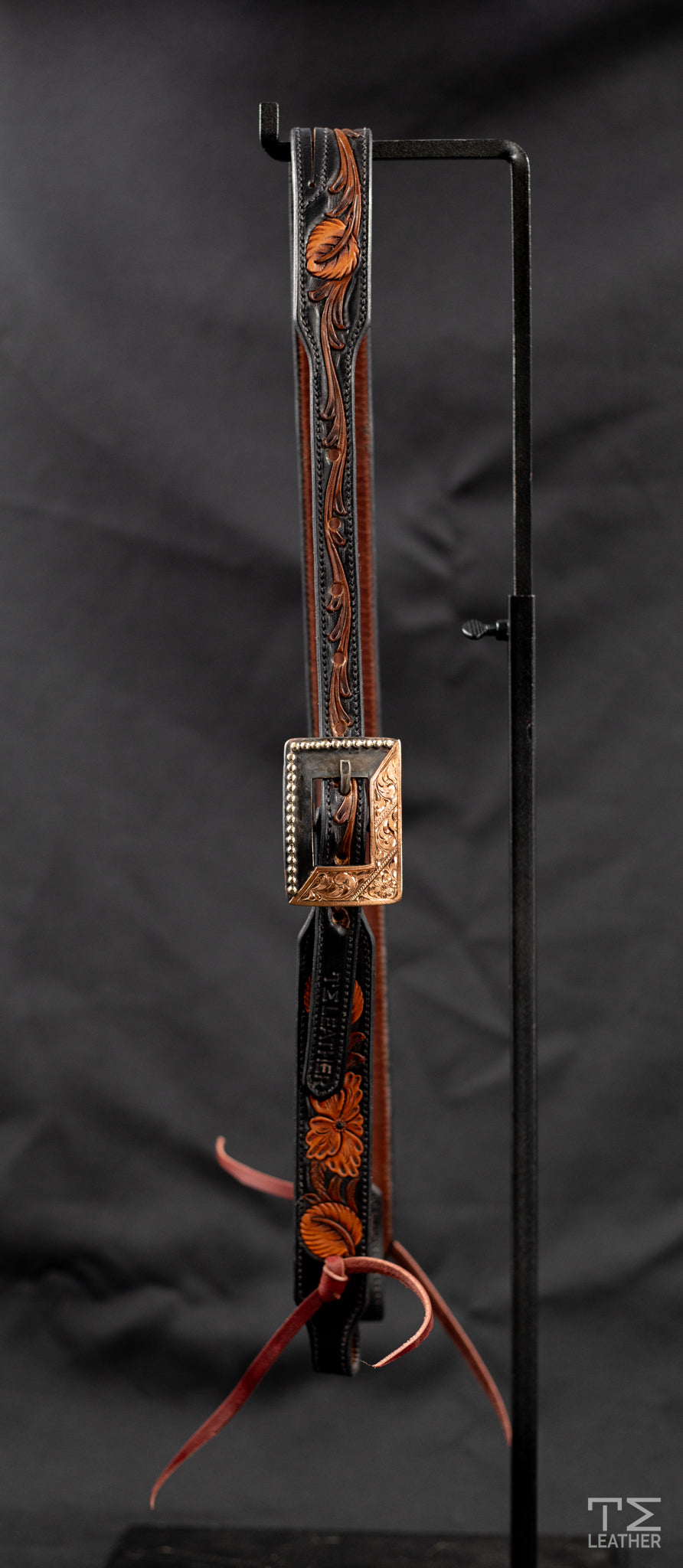 Slit Ear Black & Light Brown Floral & Leaf w/ Steel Square Buckle w/ Copper & Dot Accents