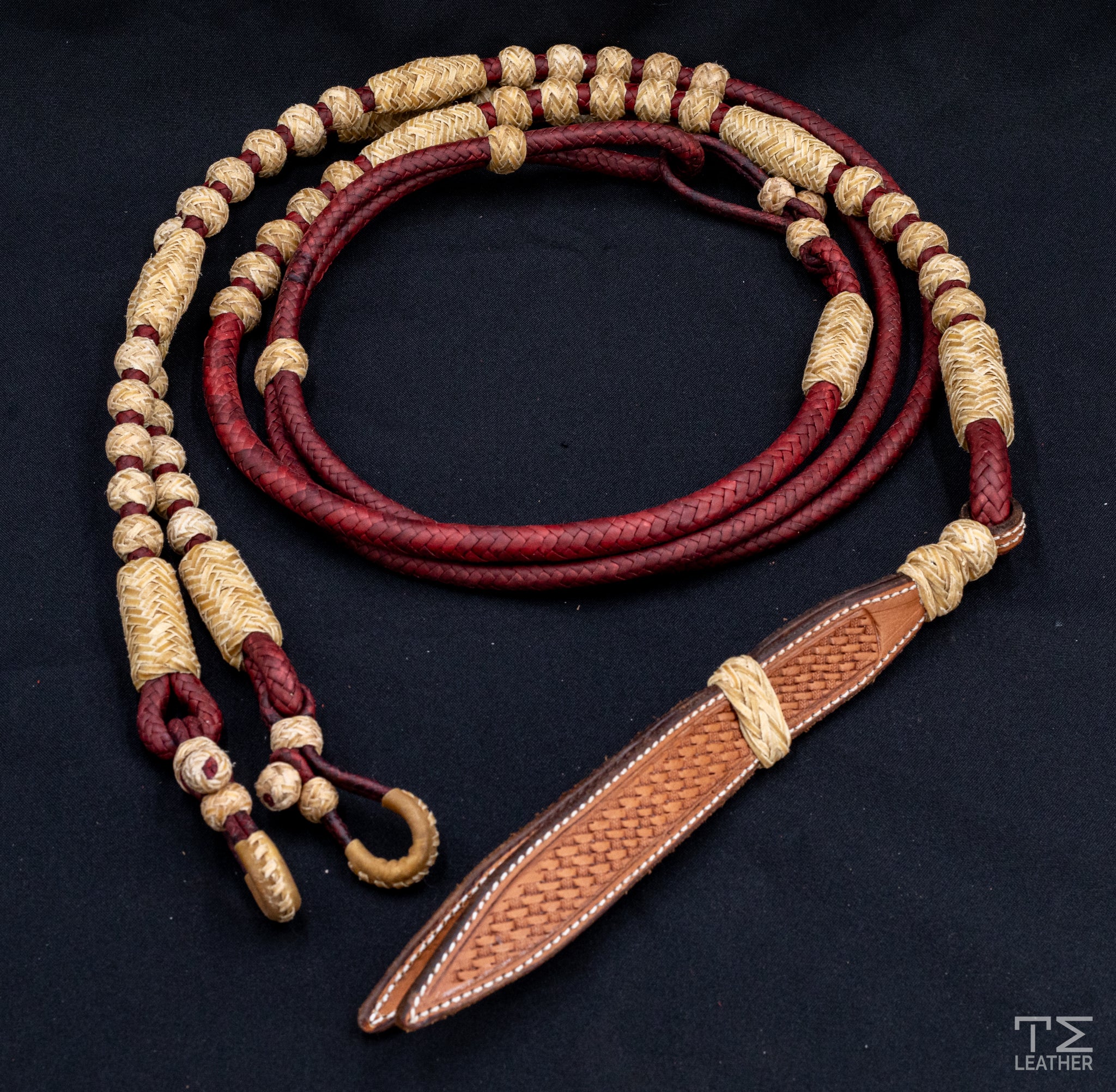 12 Plait, 104" Maroon Kangaroo Leather Romel Reins w/ Natural Rawhide