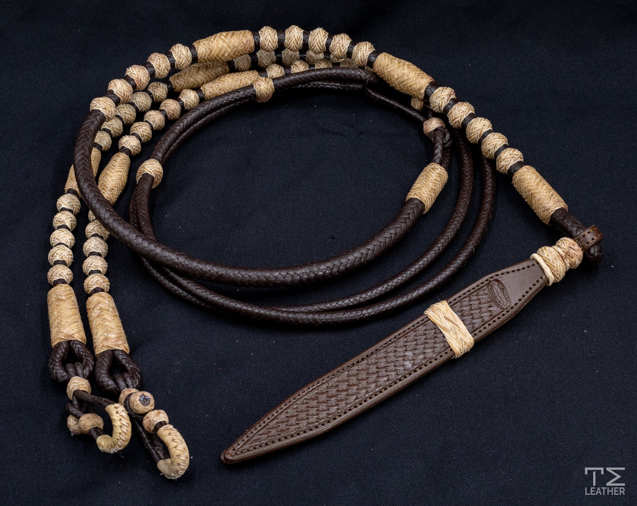 12 Plait, 104" Chocolate Kangaroo Leather Romel Reins w/ Natural Rawhide