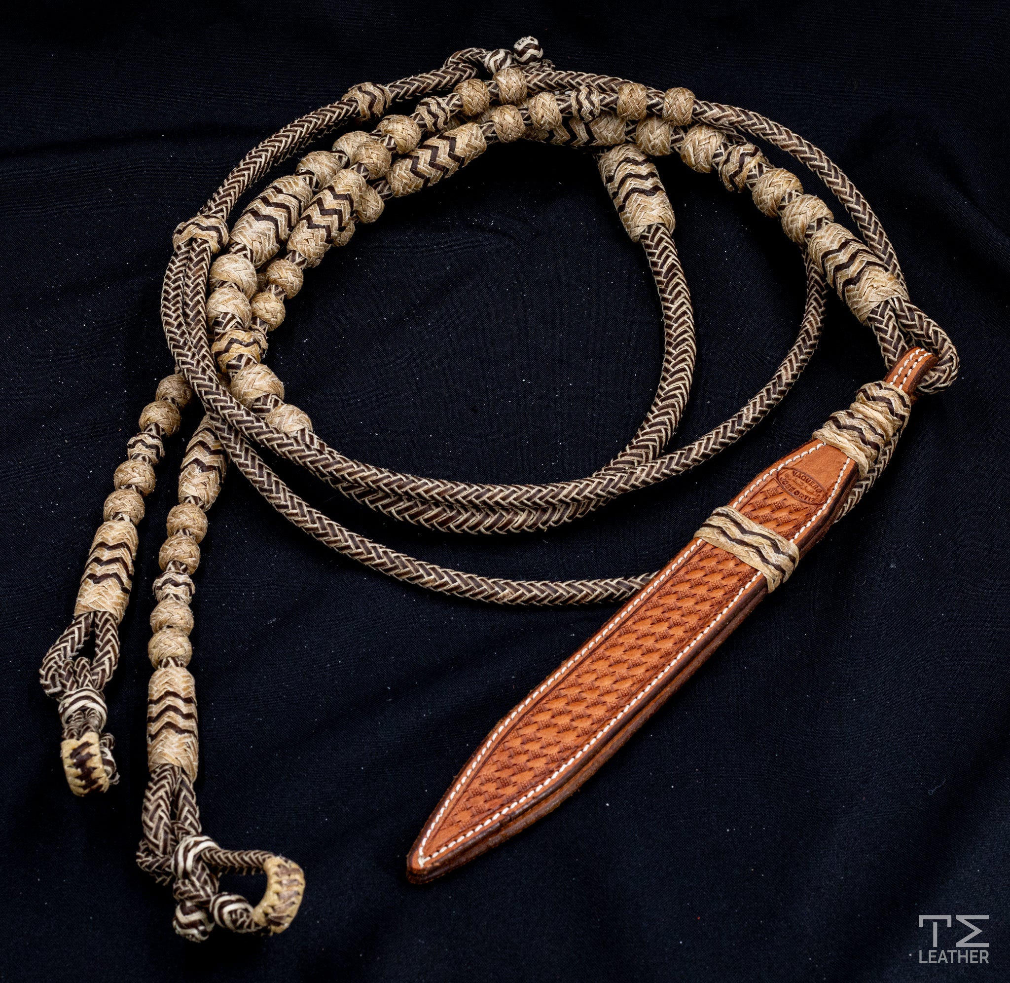 12 Plait, 104" Chocolate Rawhide Romel Reins w/ Natural Accents