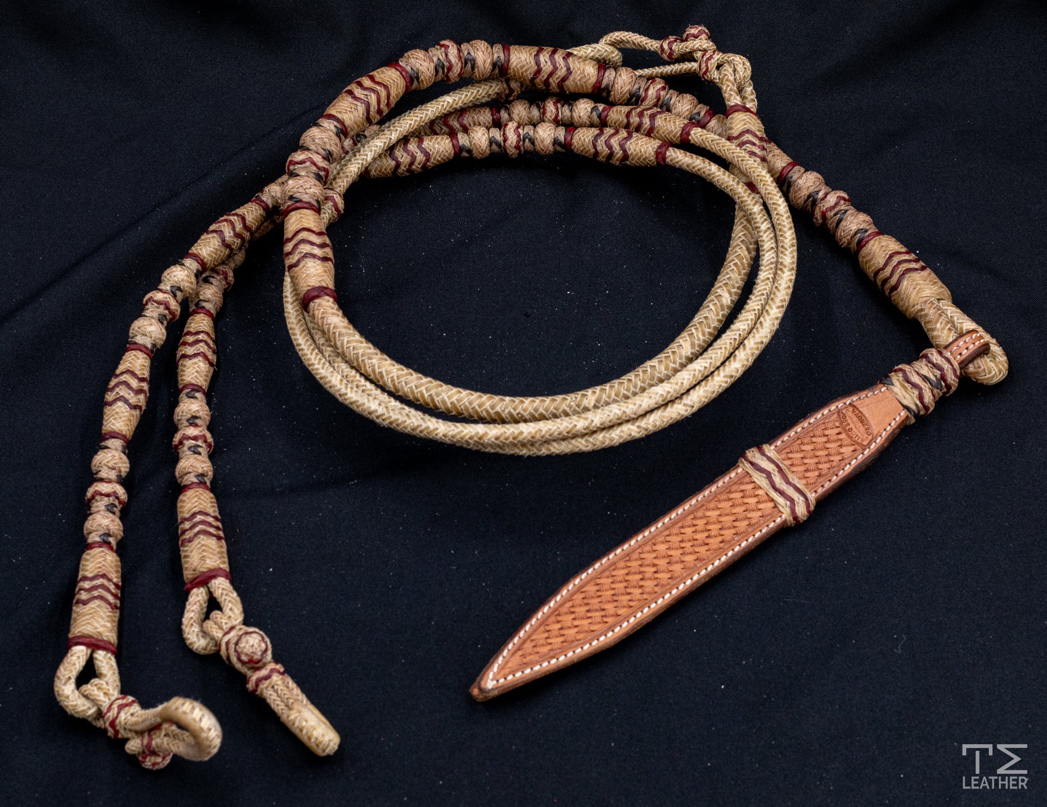 12 Plait, 104" Natural Rawhide Ortega Style Romel Reins w/ Maroon & Chocolate Accents