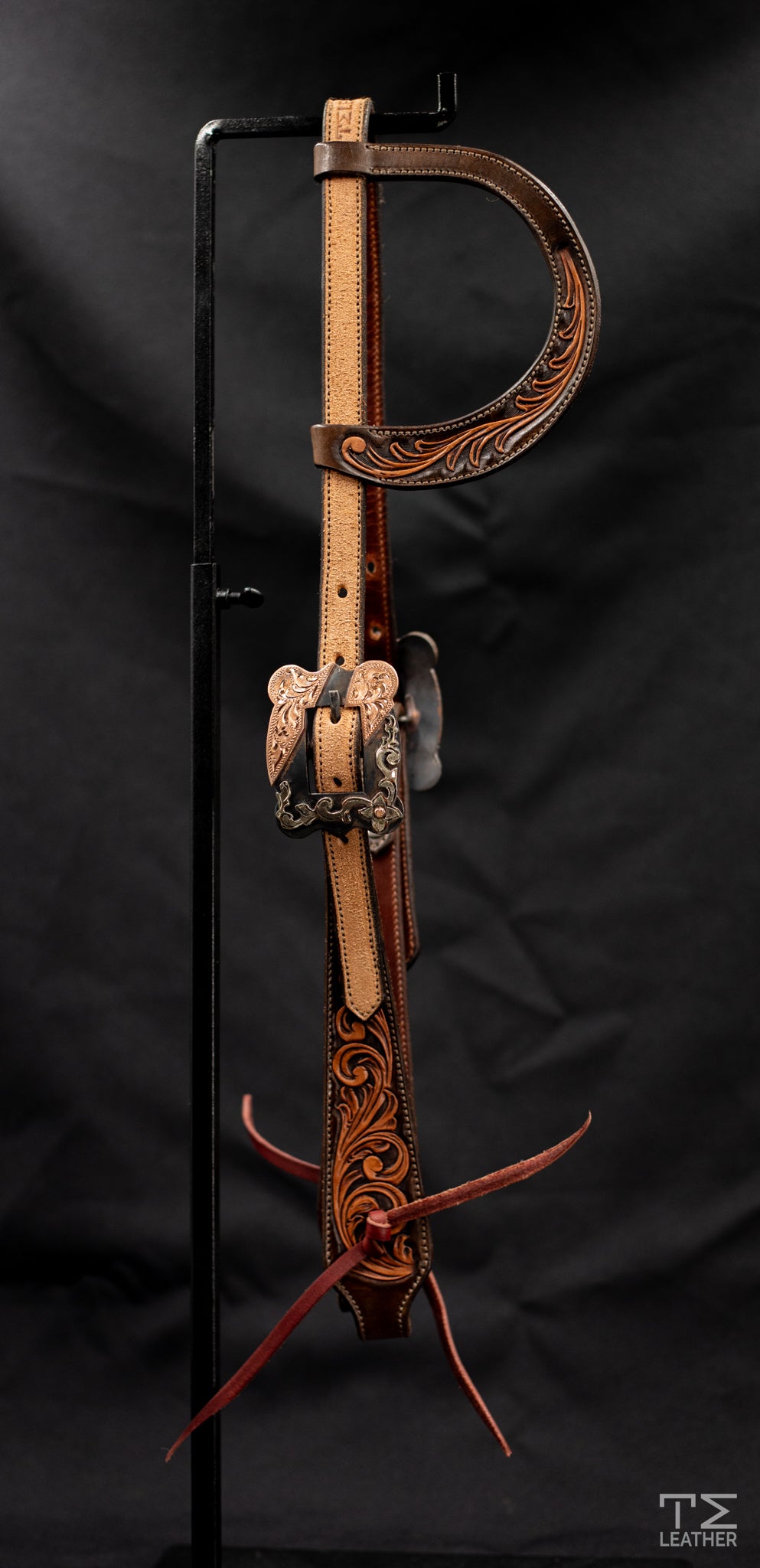 Slide Ear Chocolate & Light Brown w/ Roughout & Steel Scalloped Square Buckle w/ Copper & Floral Accents