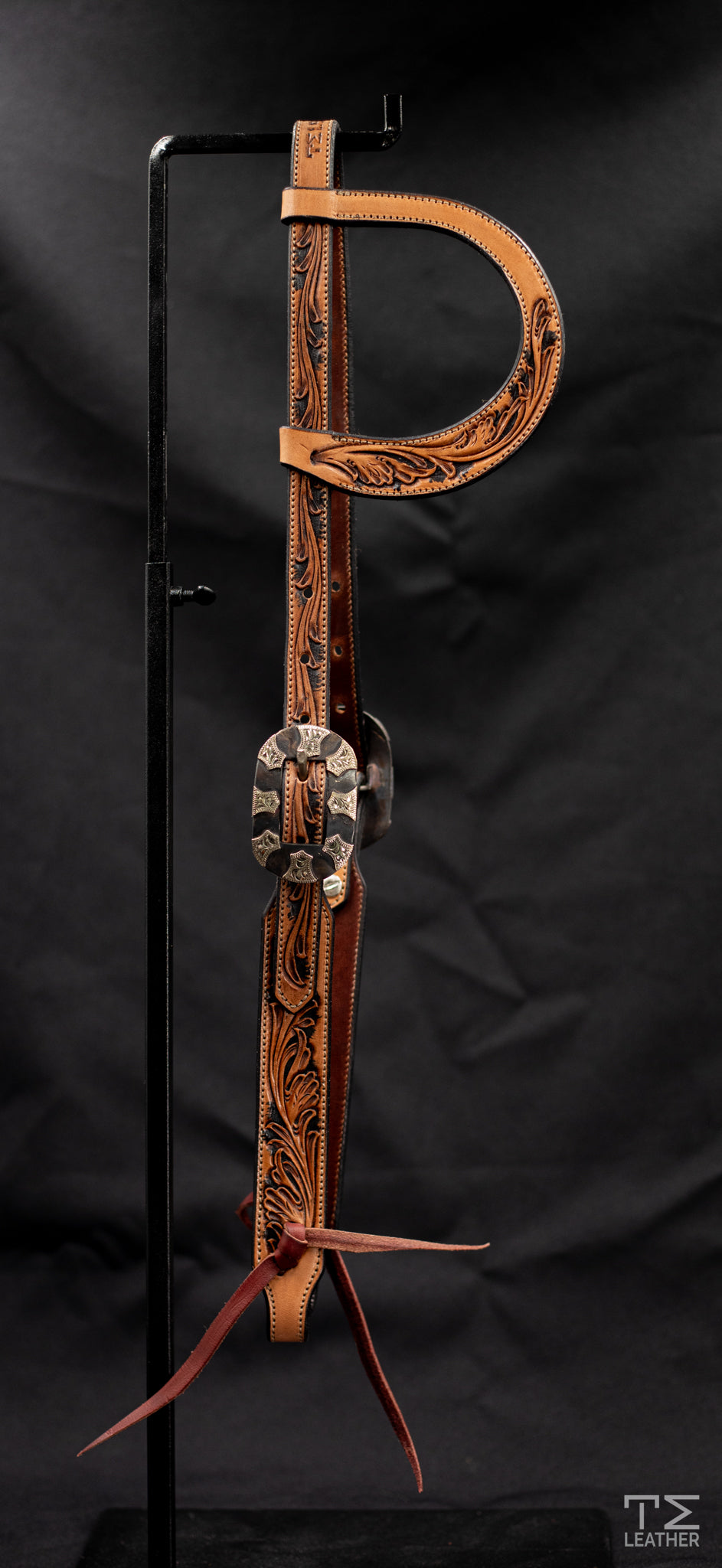 Slide Ear Light Saddle Tan & Black Two-Toned Floral w/ Steel Oval Buckle