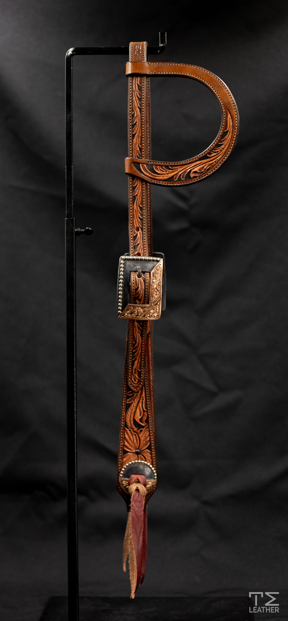 Slide Ear Brown & Black Floral w/ Square Mixed Metal Hardware w/ Copper Accents & Conchos
