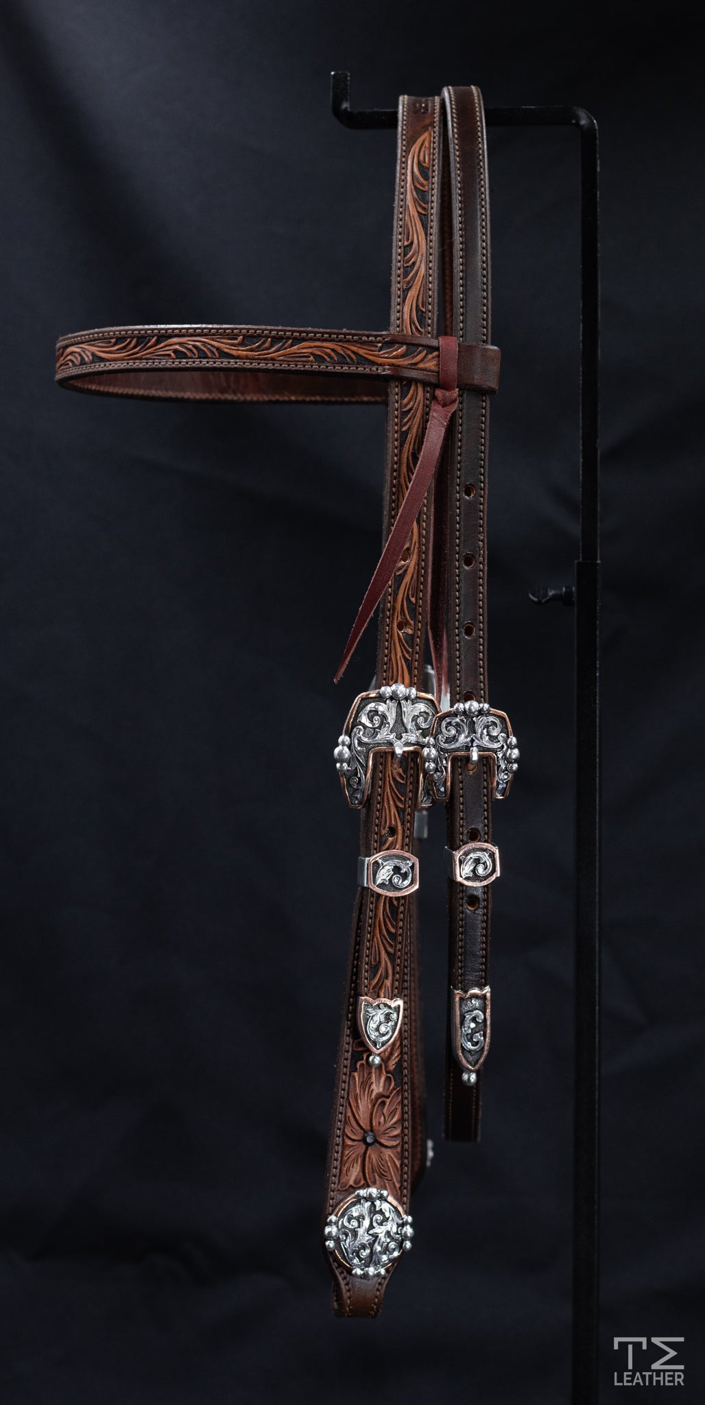 Browband Chocolate & Brown Floral w/ Engraved Silver Plated Hardware w/ Copper Accents