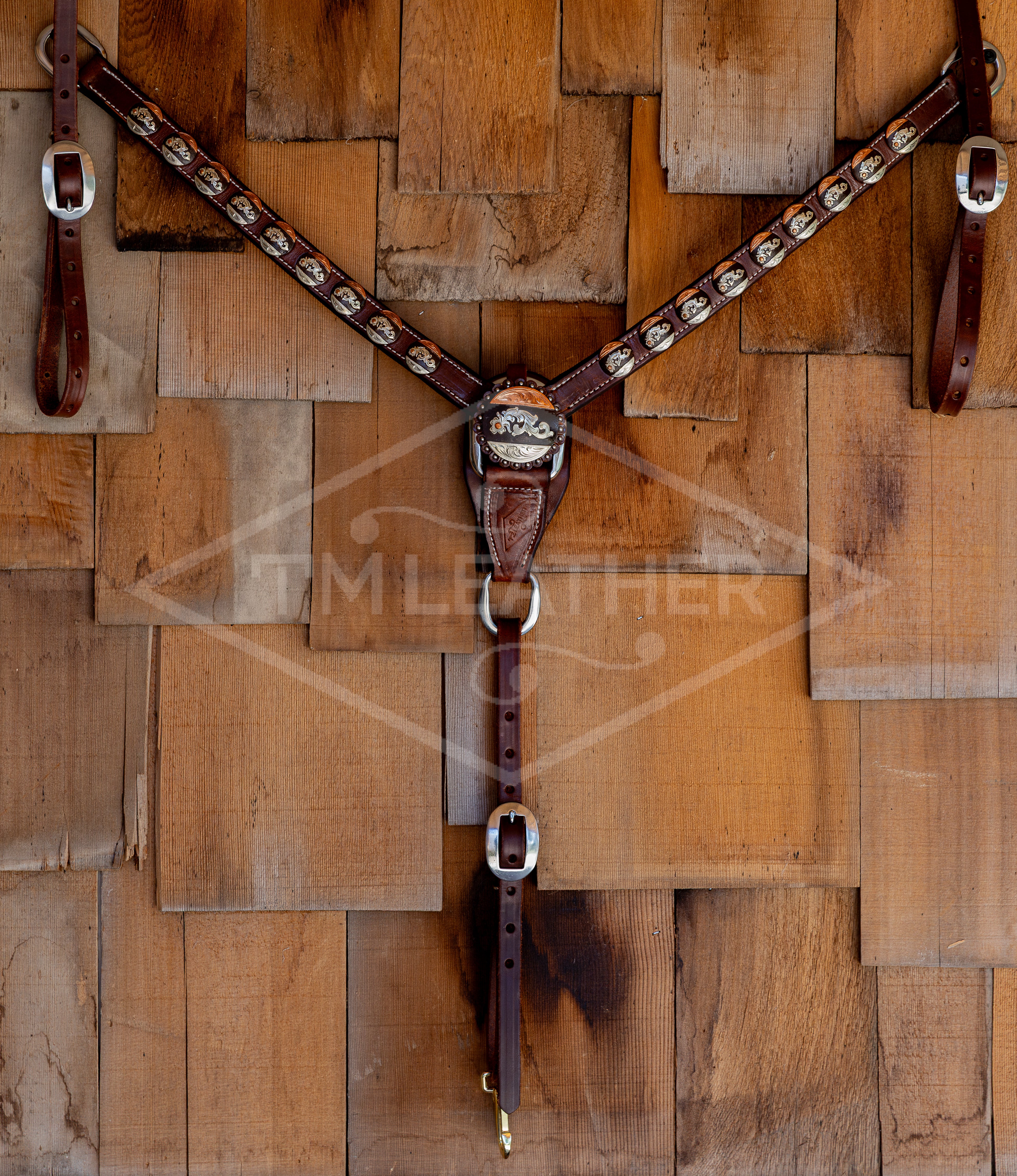 1" Natural Breastcollar w/ 18 Silver & Copper Round Conchos & Matching Center Concho