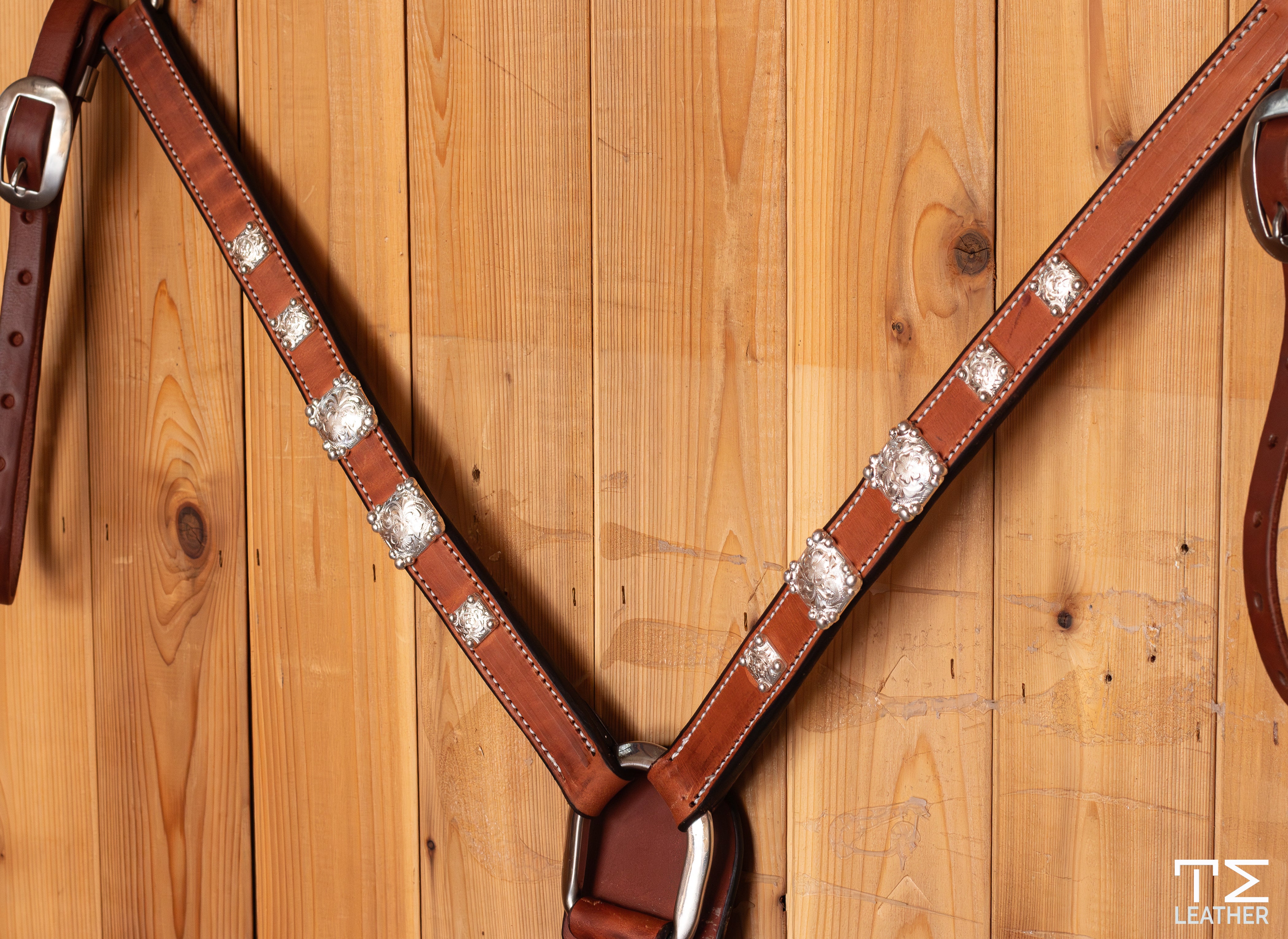 1" Natural Breast Collar w/ 5 Engraved Silver Plated Square Conchos w/ Graduated Beads