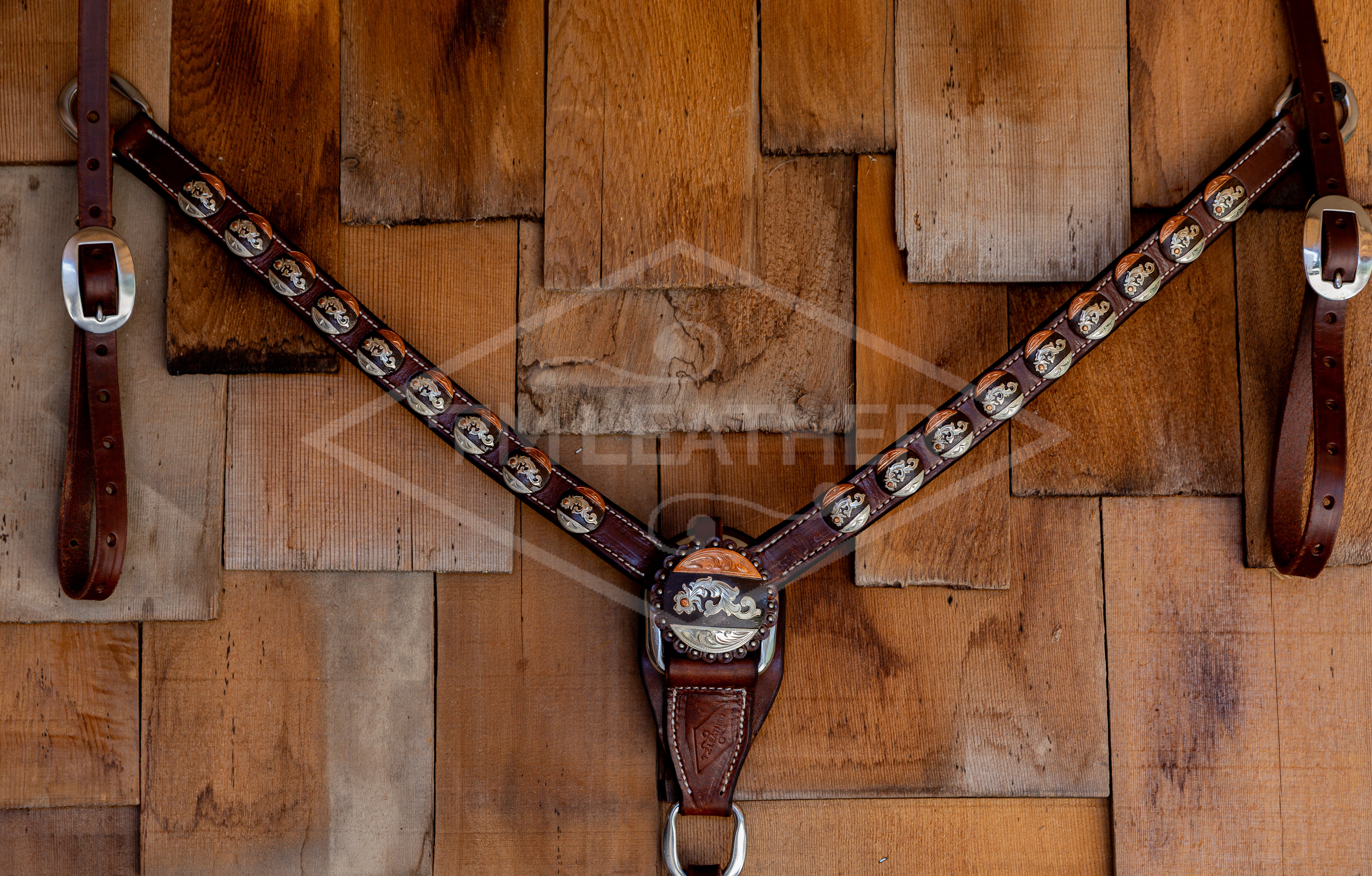1" Natural Breastcollar w/ 18 Silver & Copper Round Conchos & Matching Center Concho
