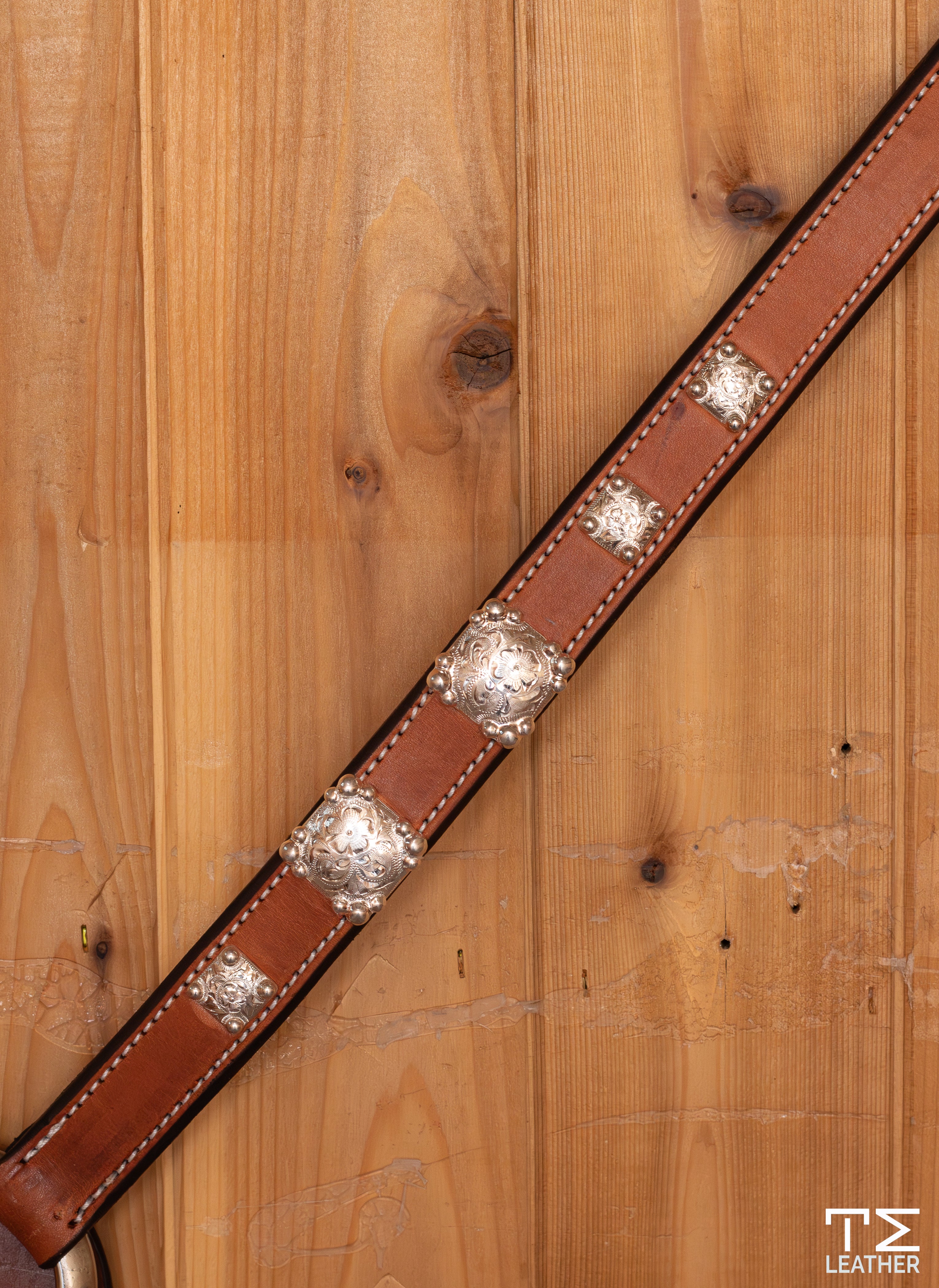 1" Natural Breast Collar w/ 5 Engraved Silver Plated Square Conchos w/ Graduated Beads