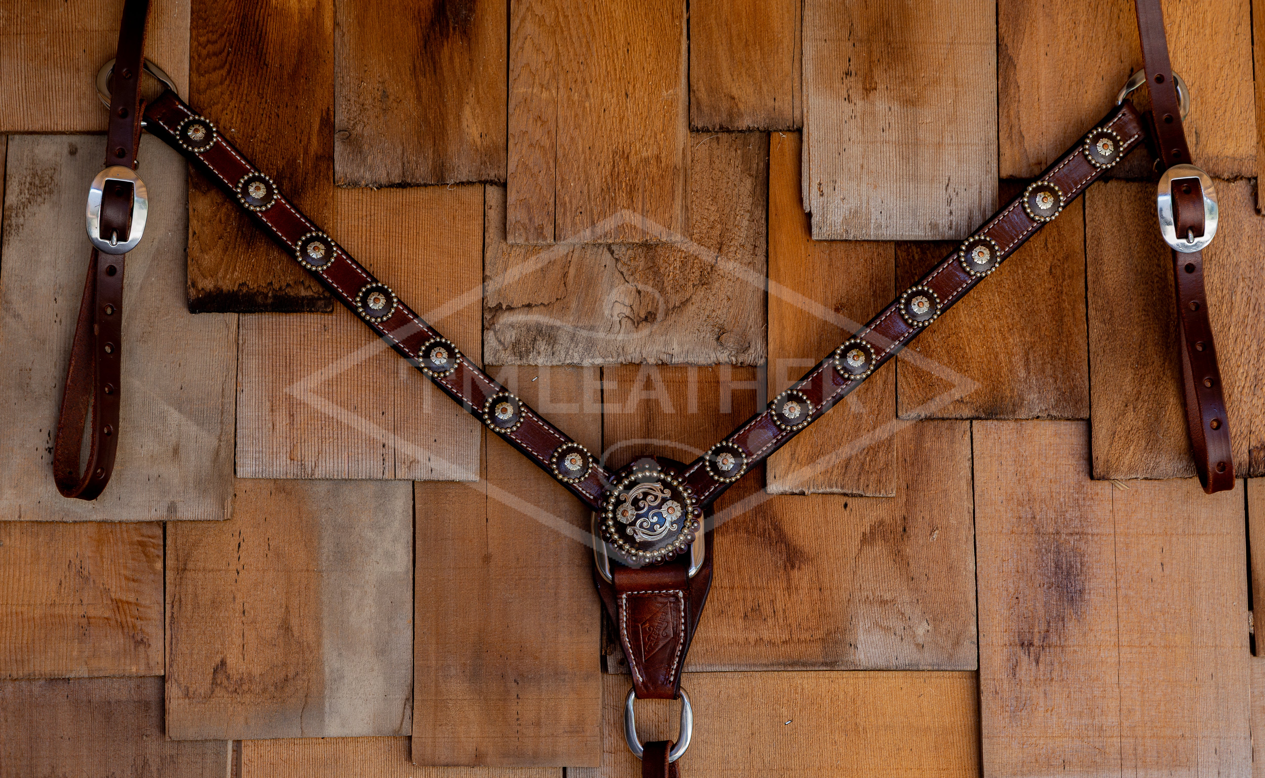 1" Natural Breastcollar w/ 14 Silver & Copper Round Flower Conchos & Matching Center Concho