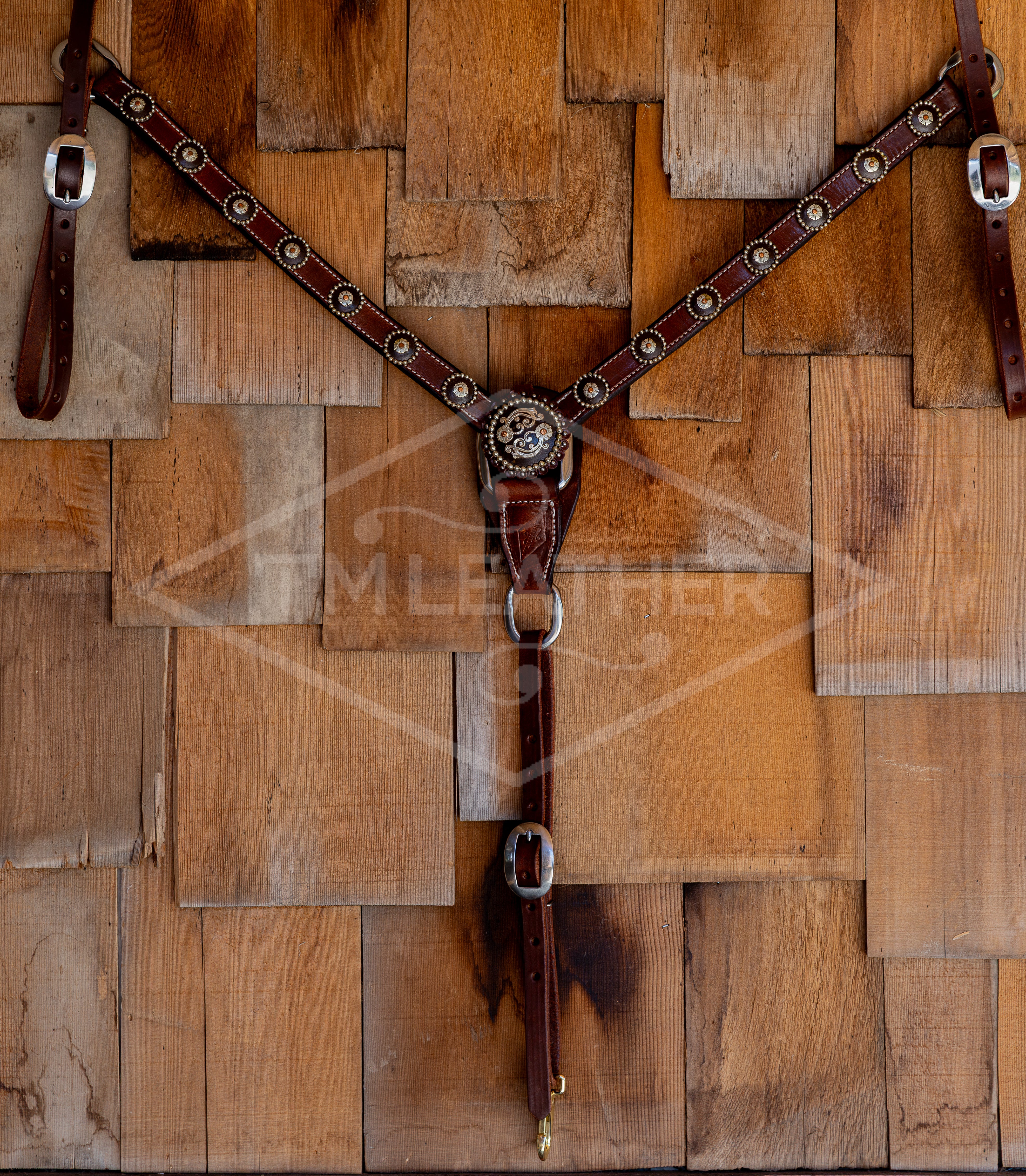 1" Natural Breastcollar w/ 14 Silver & Copper Round Flower Conchos & Matching Center Concho