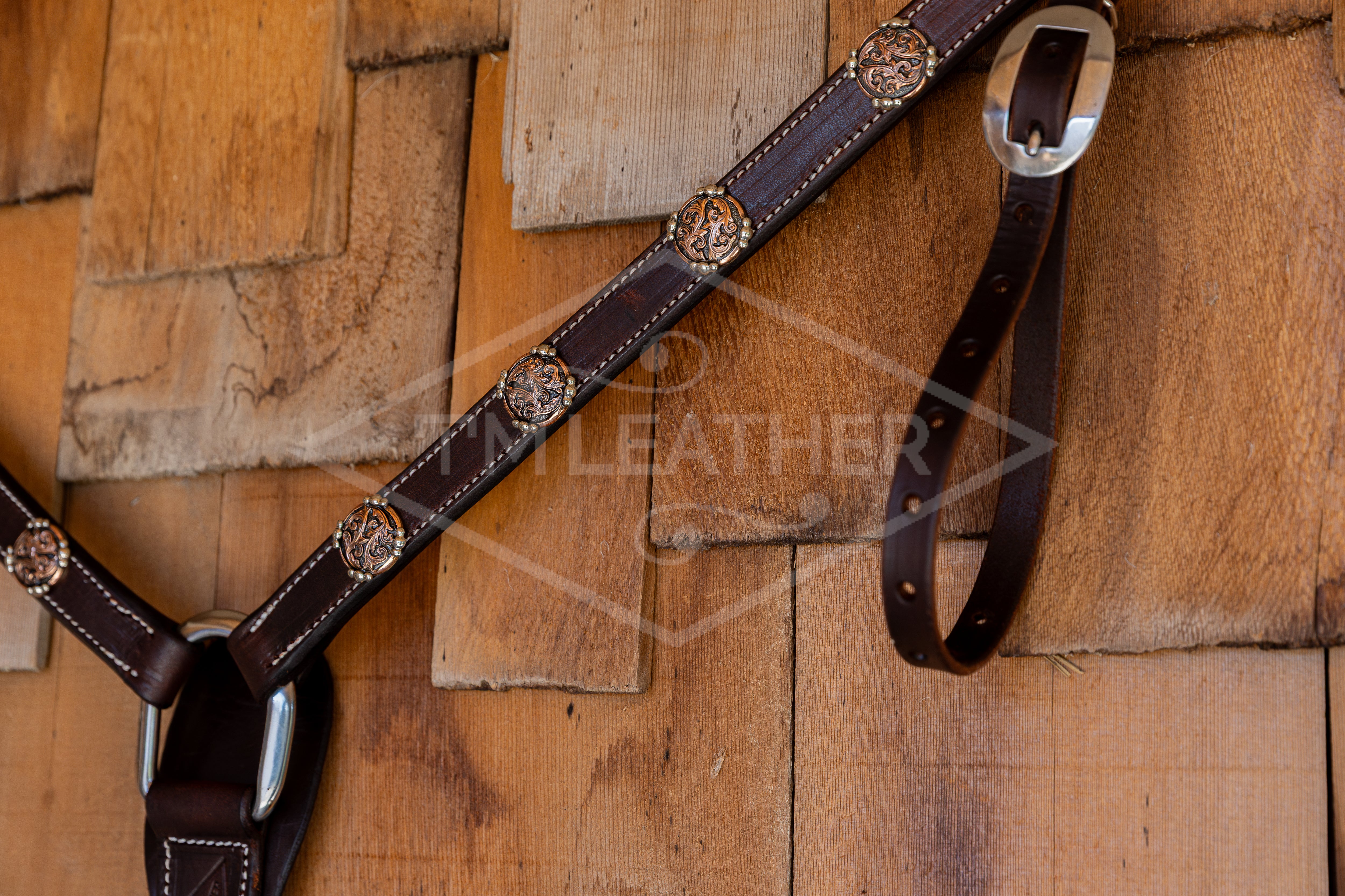 1" Chocolate Breastcollar w/ 8 Copper Overlay Round Conchos & Beaded Accents