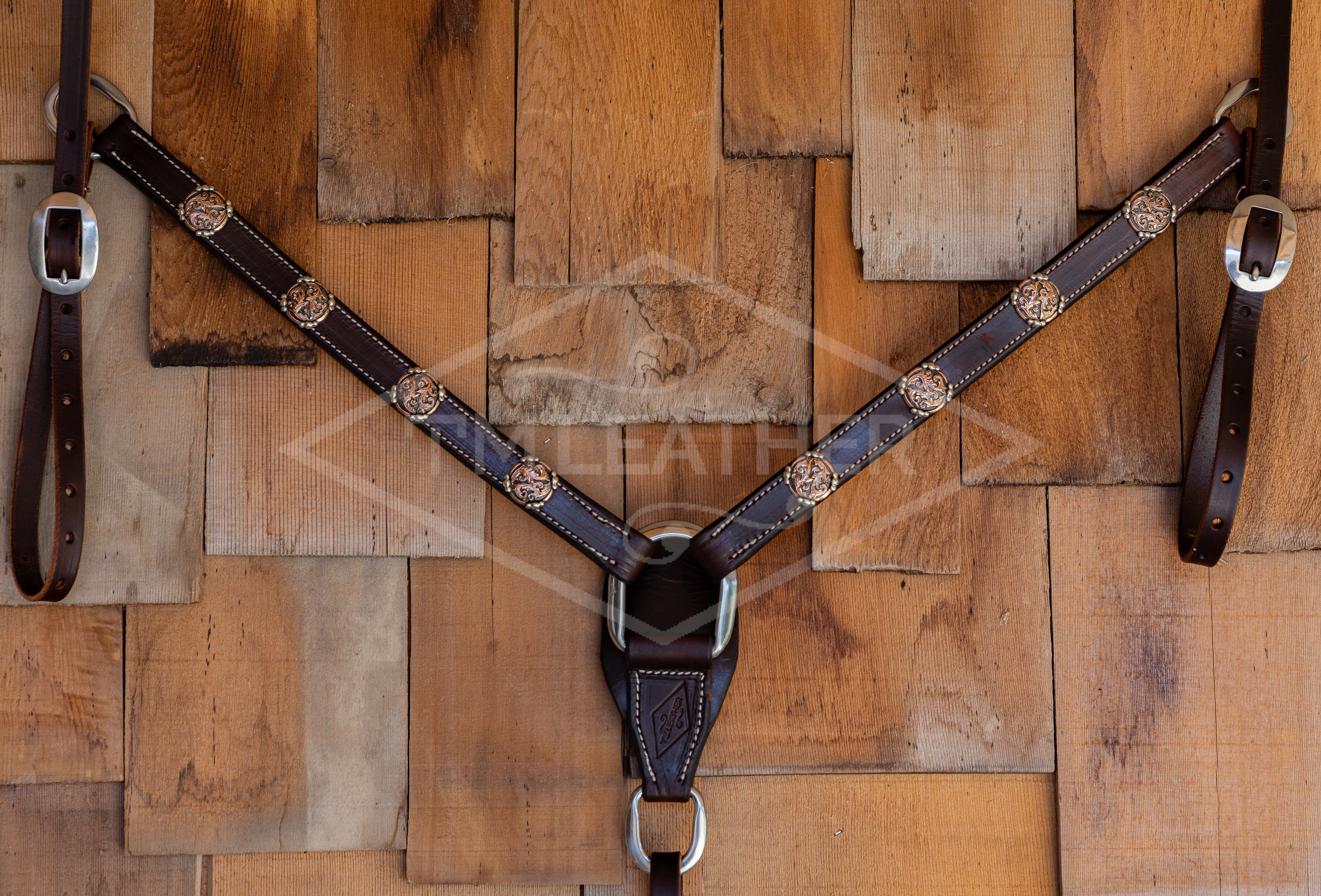 1" Chocolate Breastcollar w/ 8 Copper Overlay Round Conchos & Beaded Accents