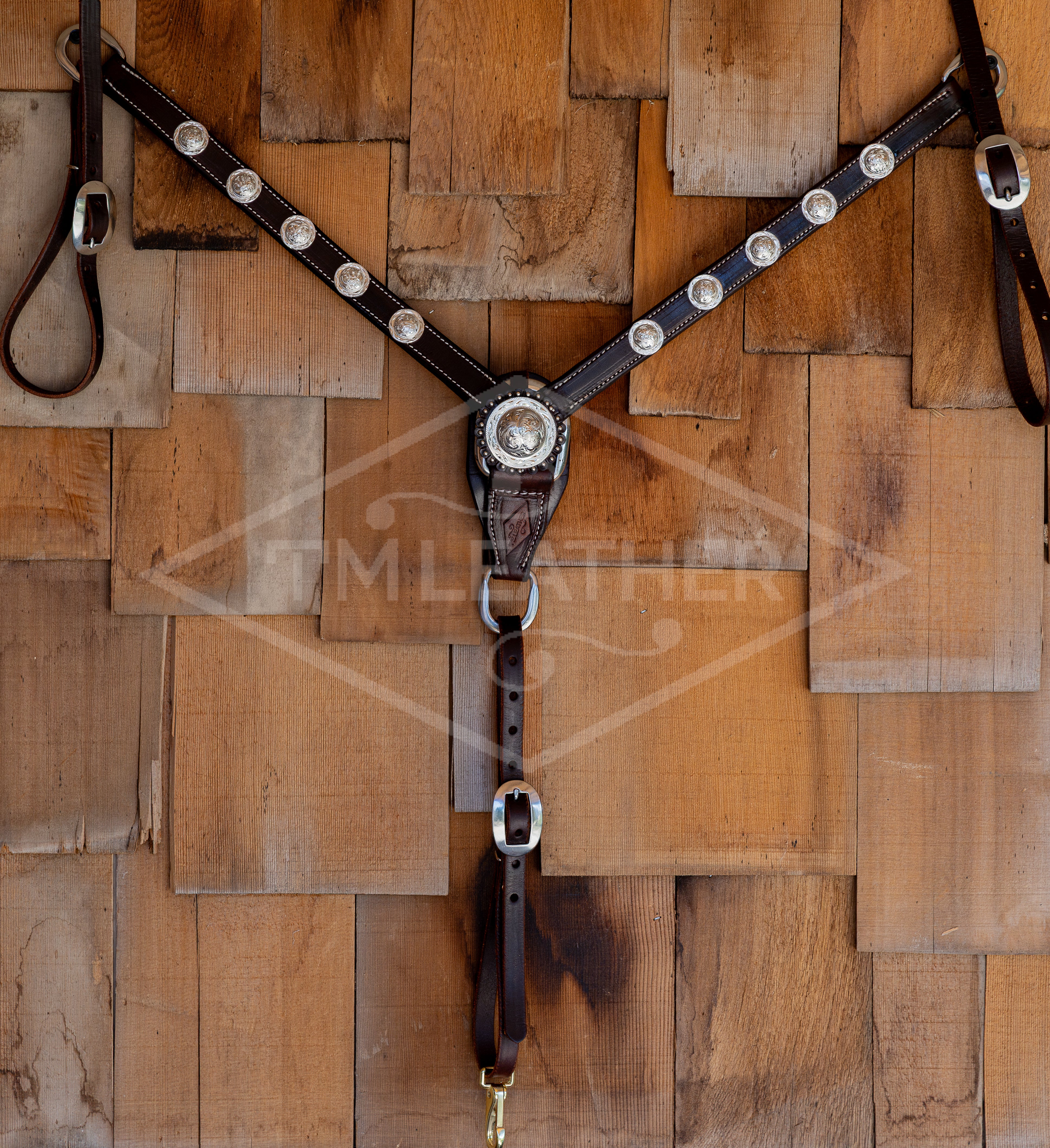 1" Chocolate Breast Collar w/ 10 Engraved Silver Hat Conchos & Matching Center Concho