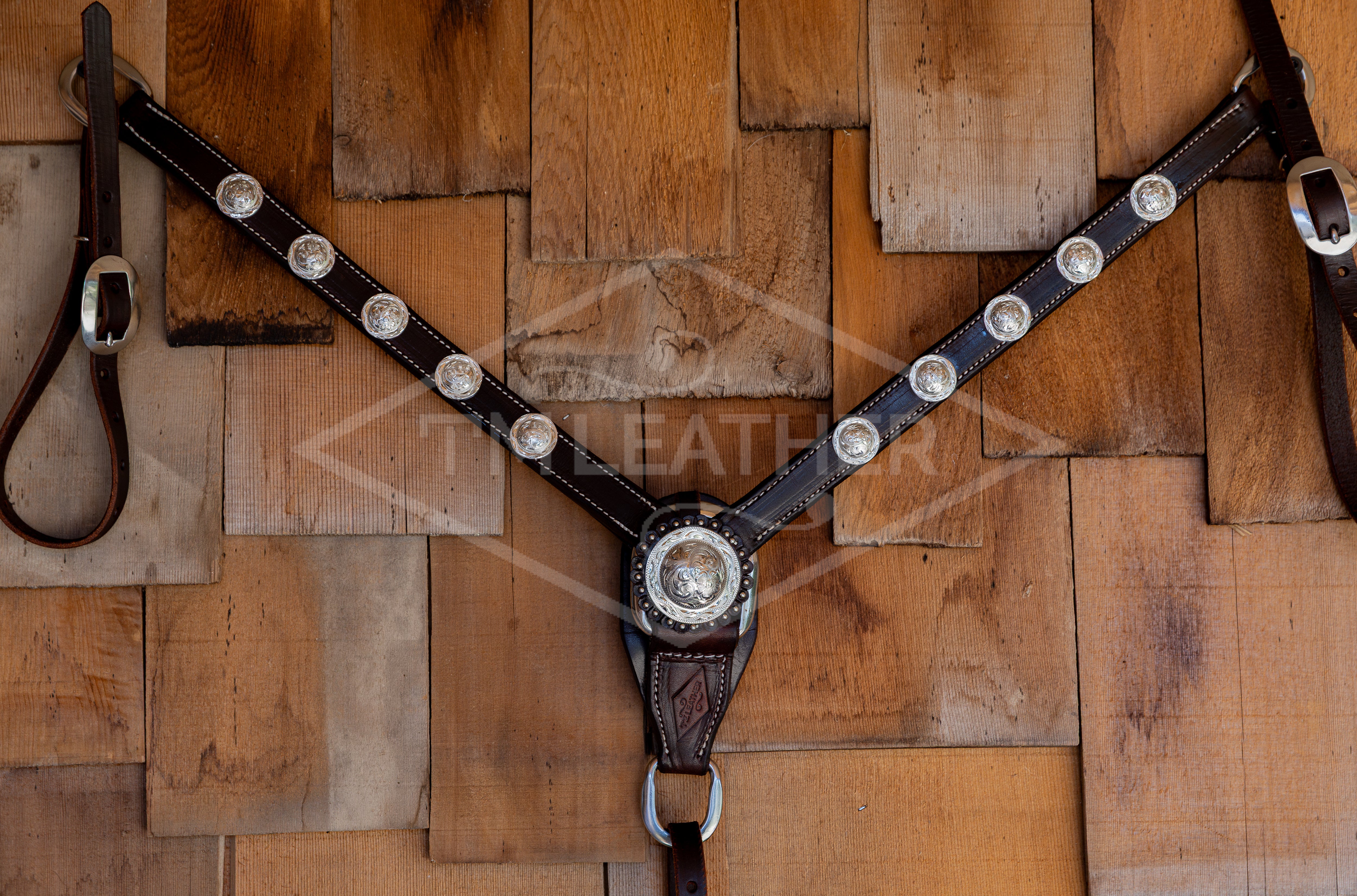 1" Chocolate Breast Collar w/ 10 Engraved Silver Hat Conchos & Matching Center Concho
