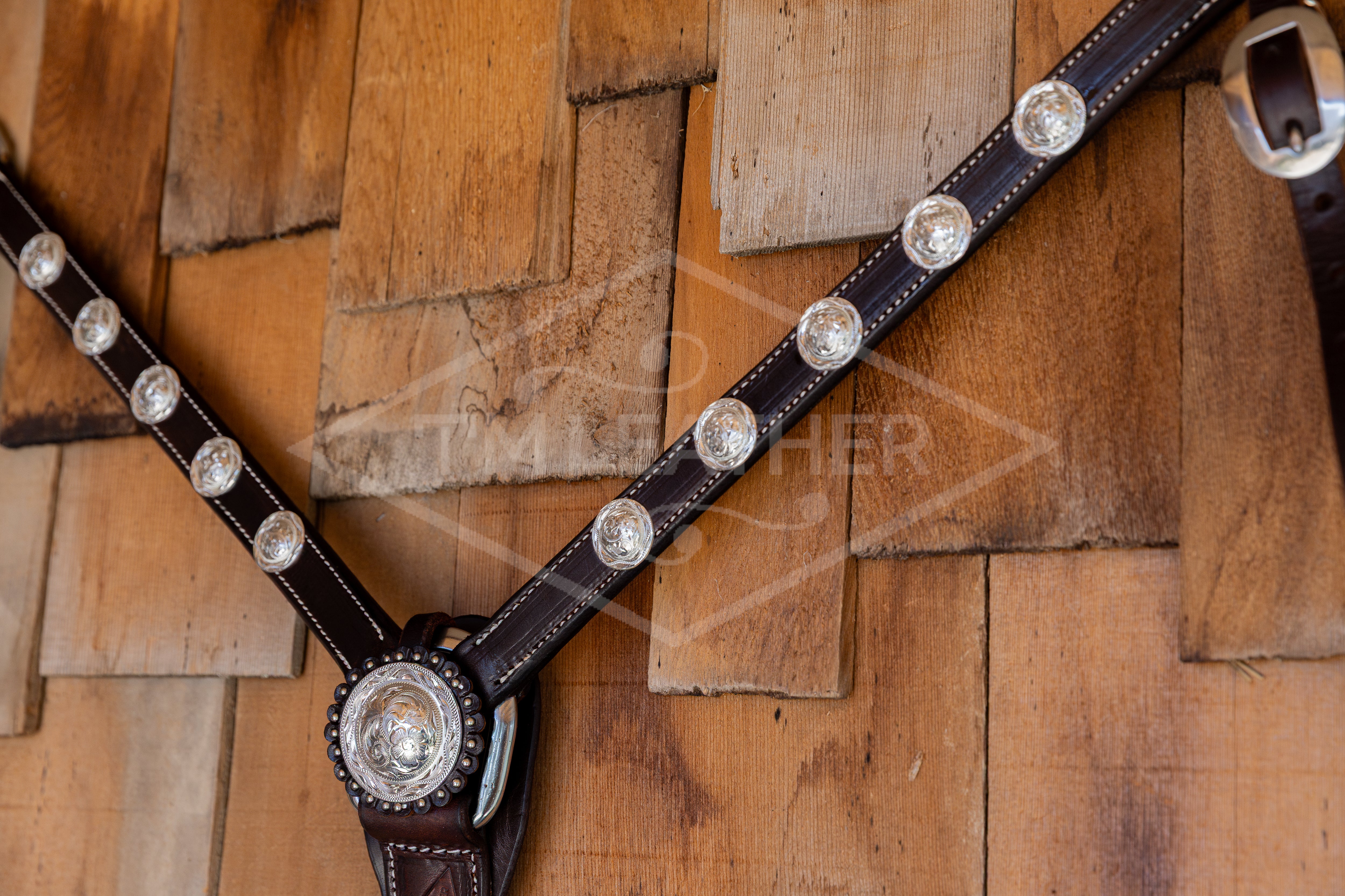 1" Chocolate Breast Collar w/ 10 Engraved Silver Hat Conchos & Matching Center Concho
