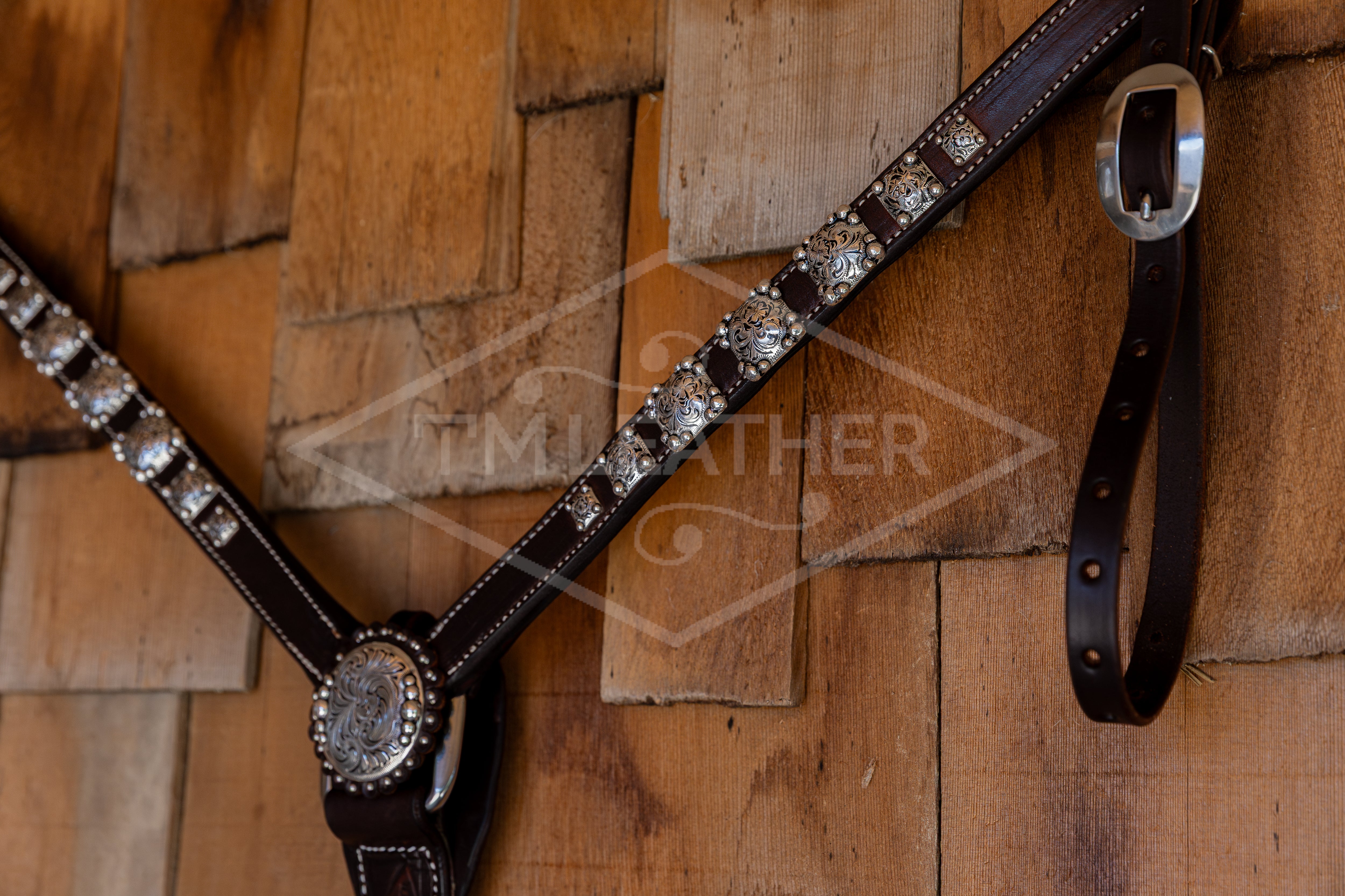 1" Chocolate Breast Collar w/ 14 Engraved Silver Square Conchos w/ Beaded Accents & Matching Center Concho