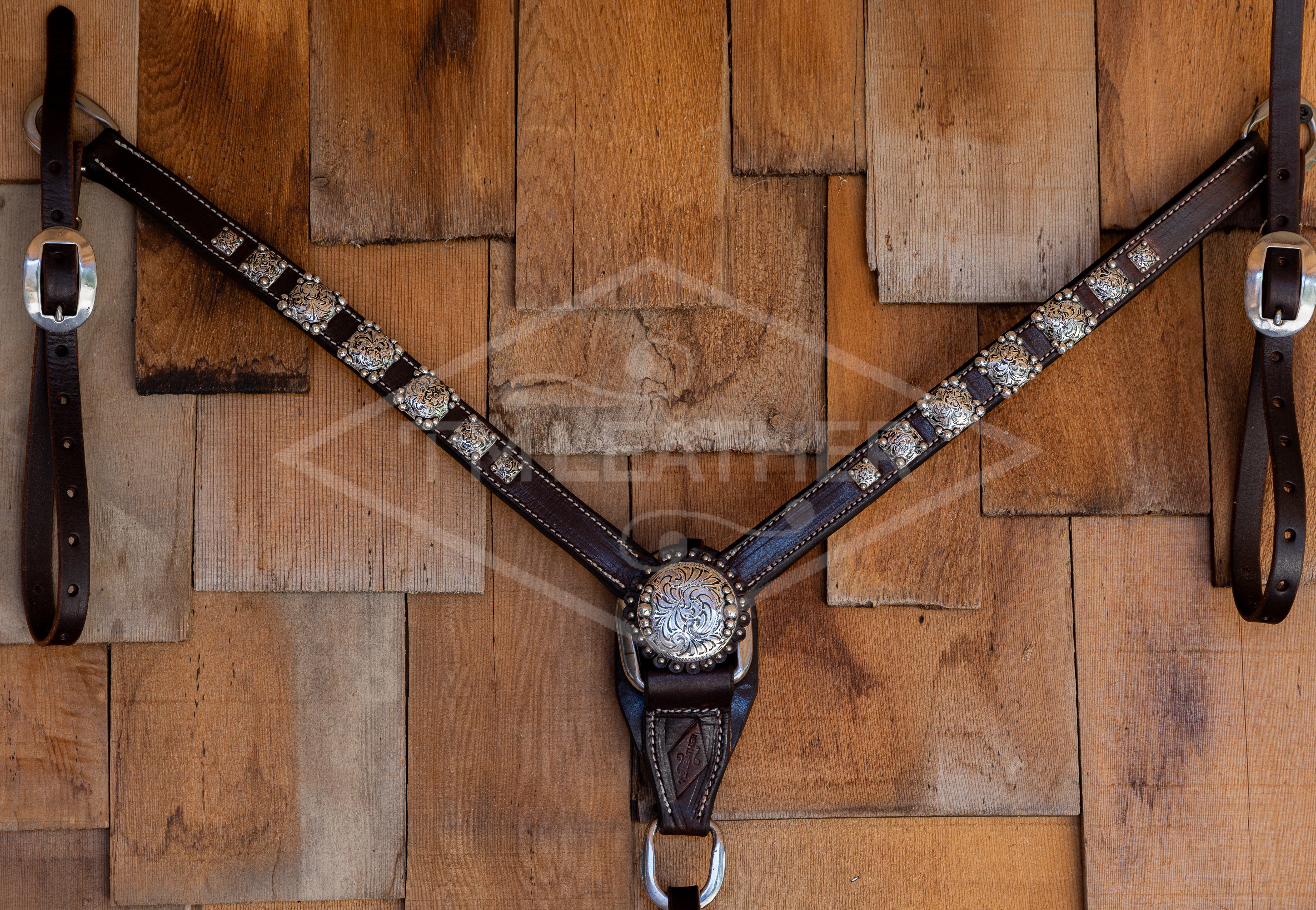 1" Chocolate Breast Collar w/ 14 Engraved Silver Square Conchos w/ Beaded Accents & Matching Center Concho