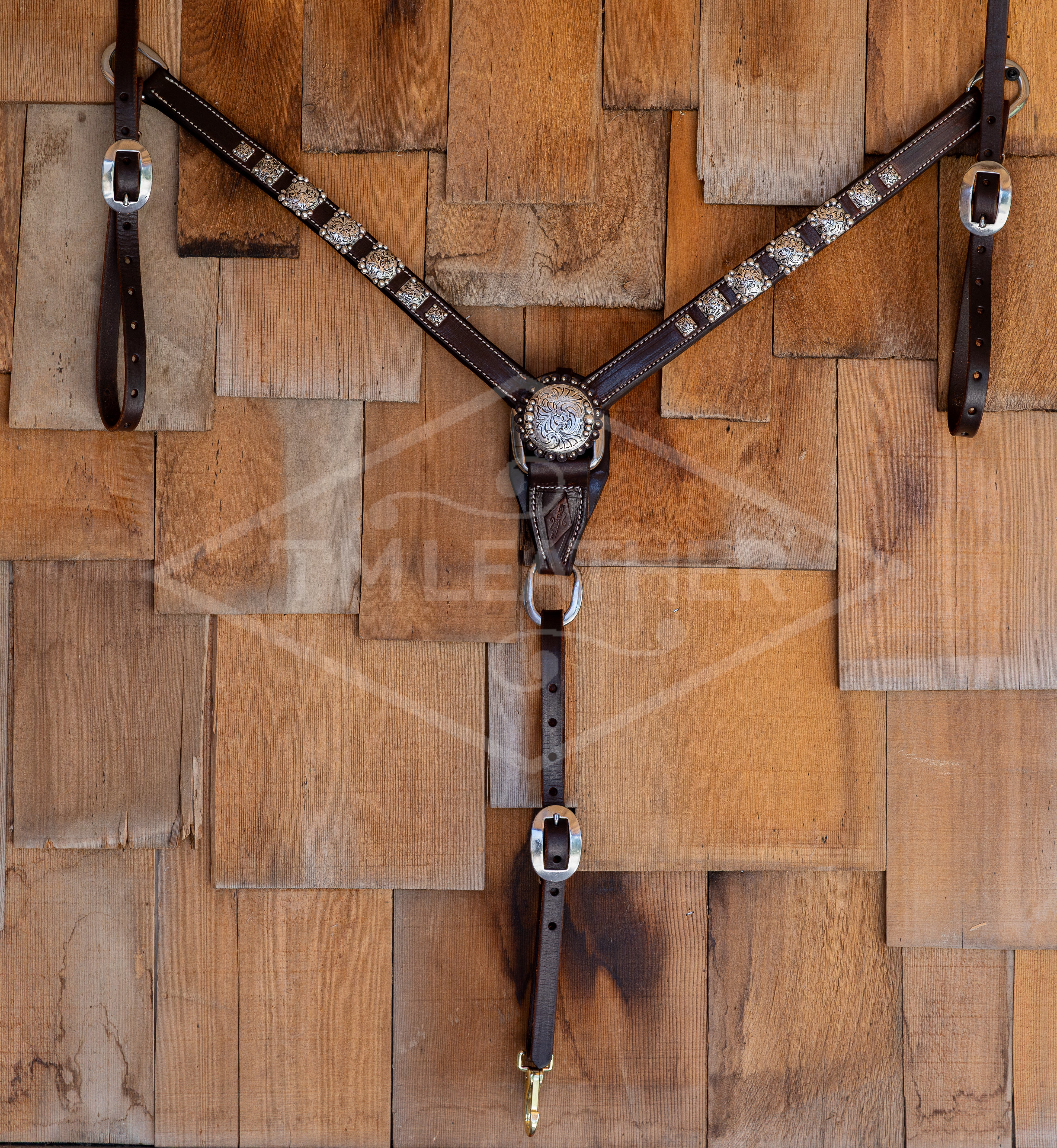 1" Chocolate Breast Collar w/ 14 Engraved Silver Square Conchos w/ Beaded Accents & Matching Center Concho