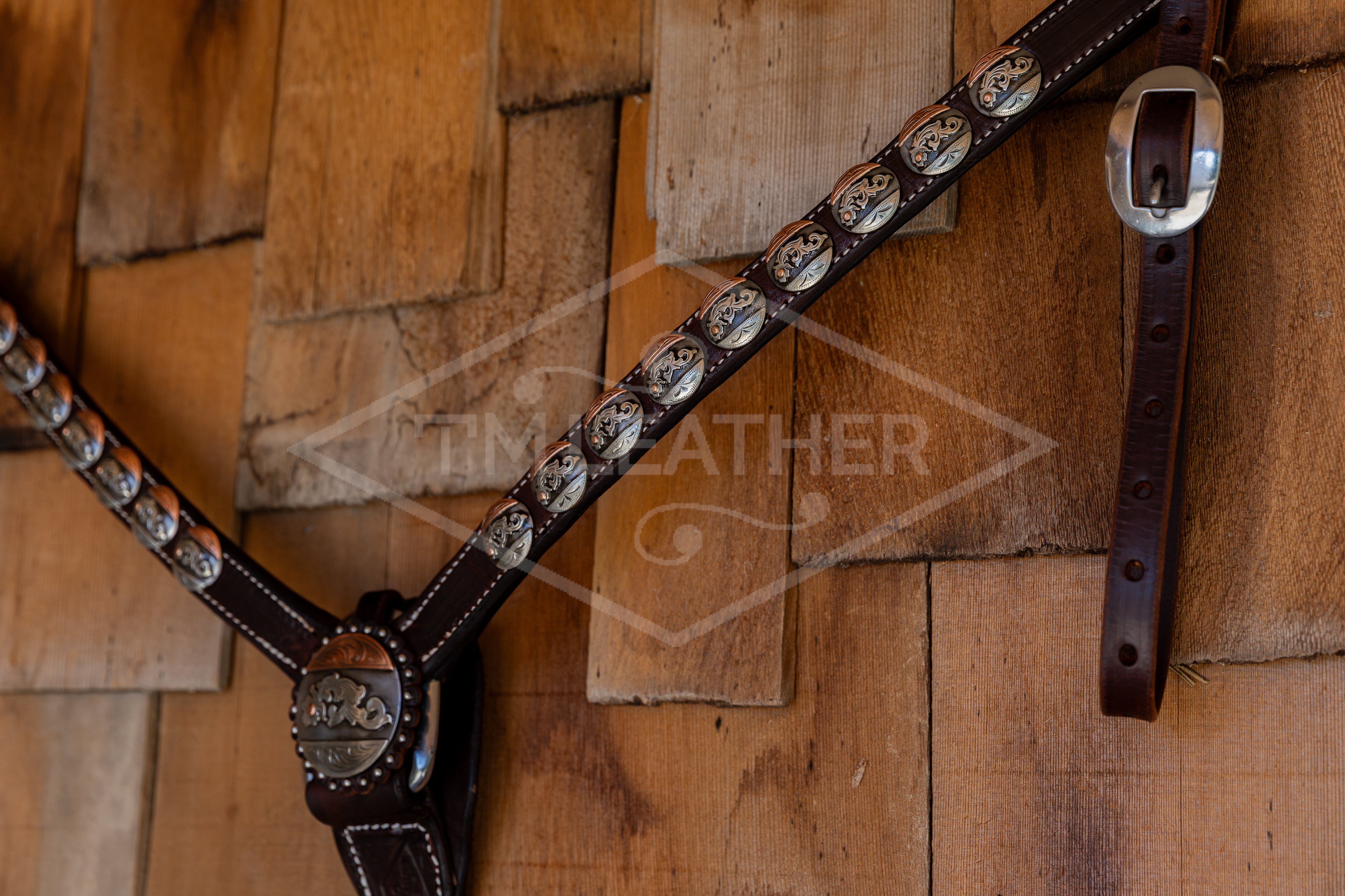 1" Chocolate Breastcollar w/ 18 Silver & Copper Round Conchos & Matching Center Concho