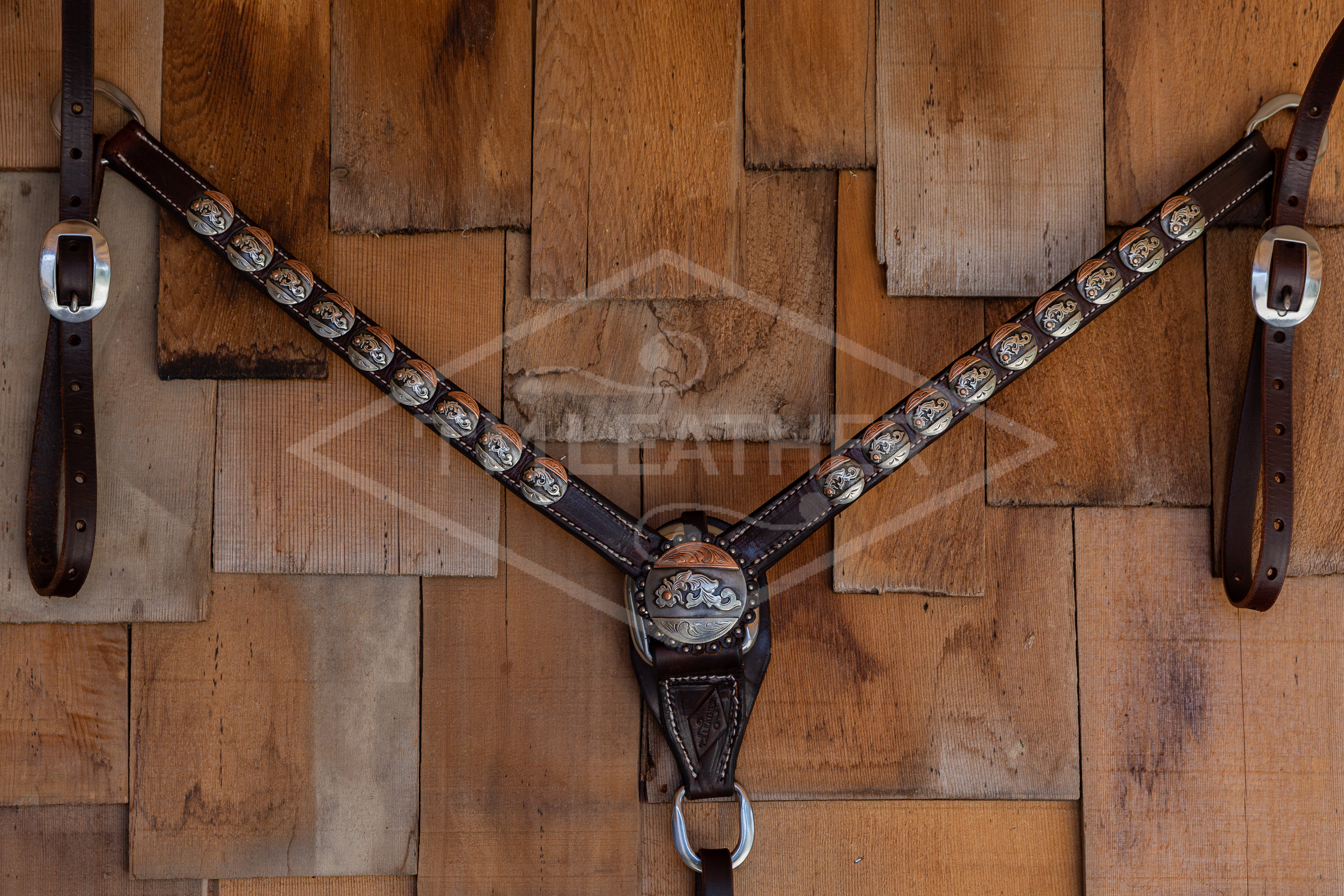 1" Chocolate Breastcollar w/ 18 Silver & Copper Round Conchos & Matching Center Concho