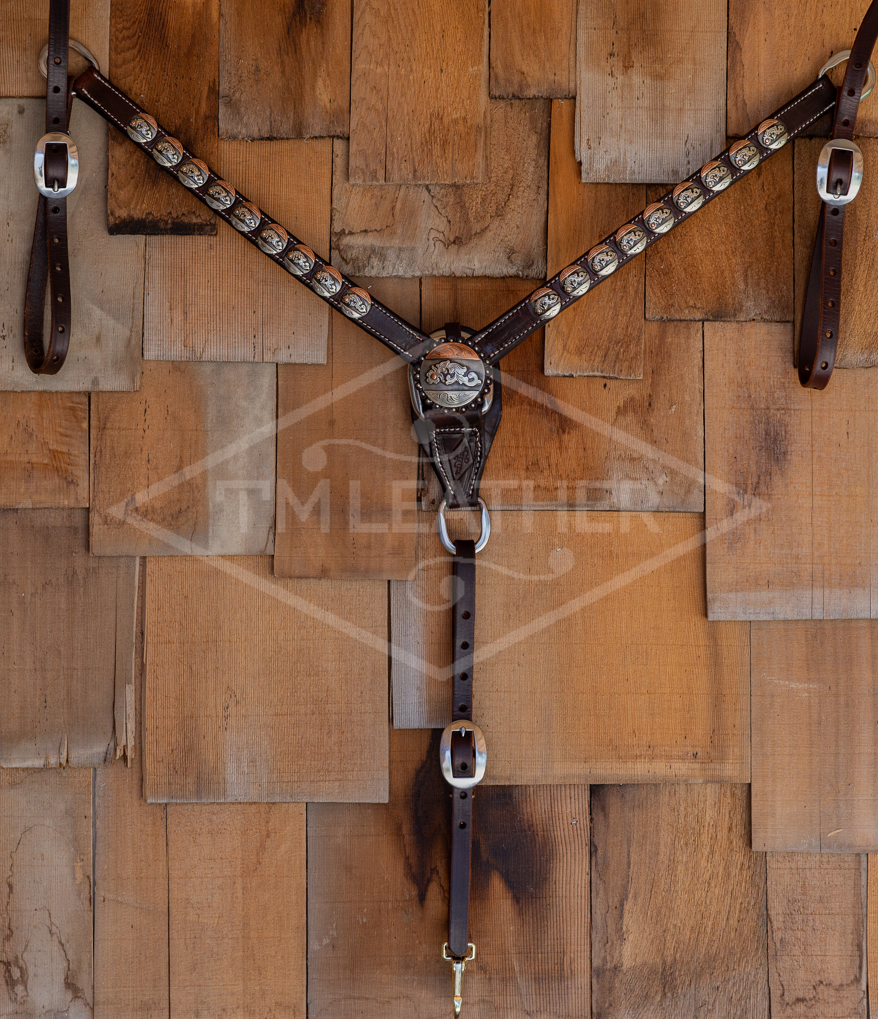 1" Chocolate Breastcollar w/ 18 Silver & Copper Round Conchos & Matching Center Concho