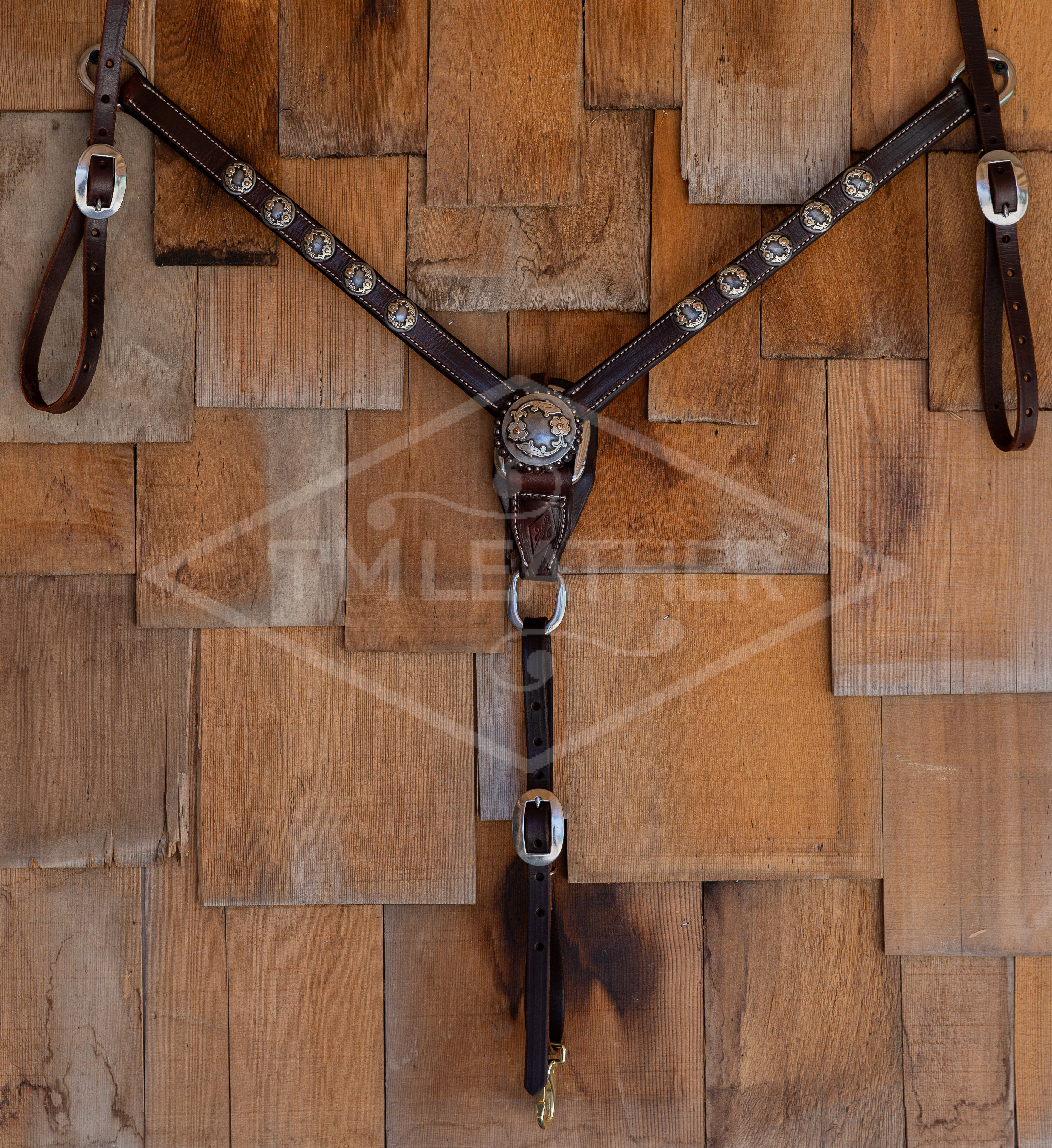 1" Chocolate Breastcollar w/ 10 Silver & Copper Round Floral Conchos & Matching Center Concho