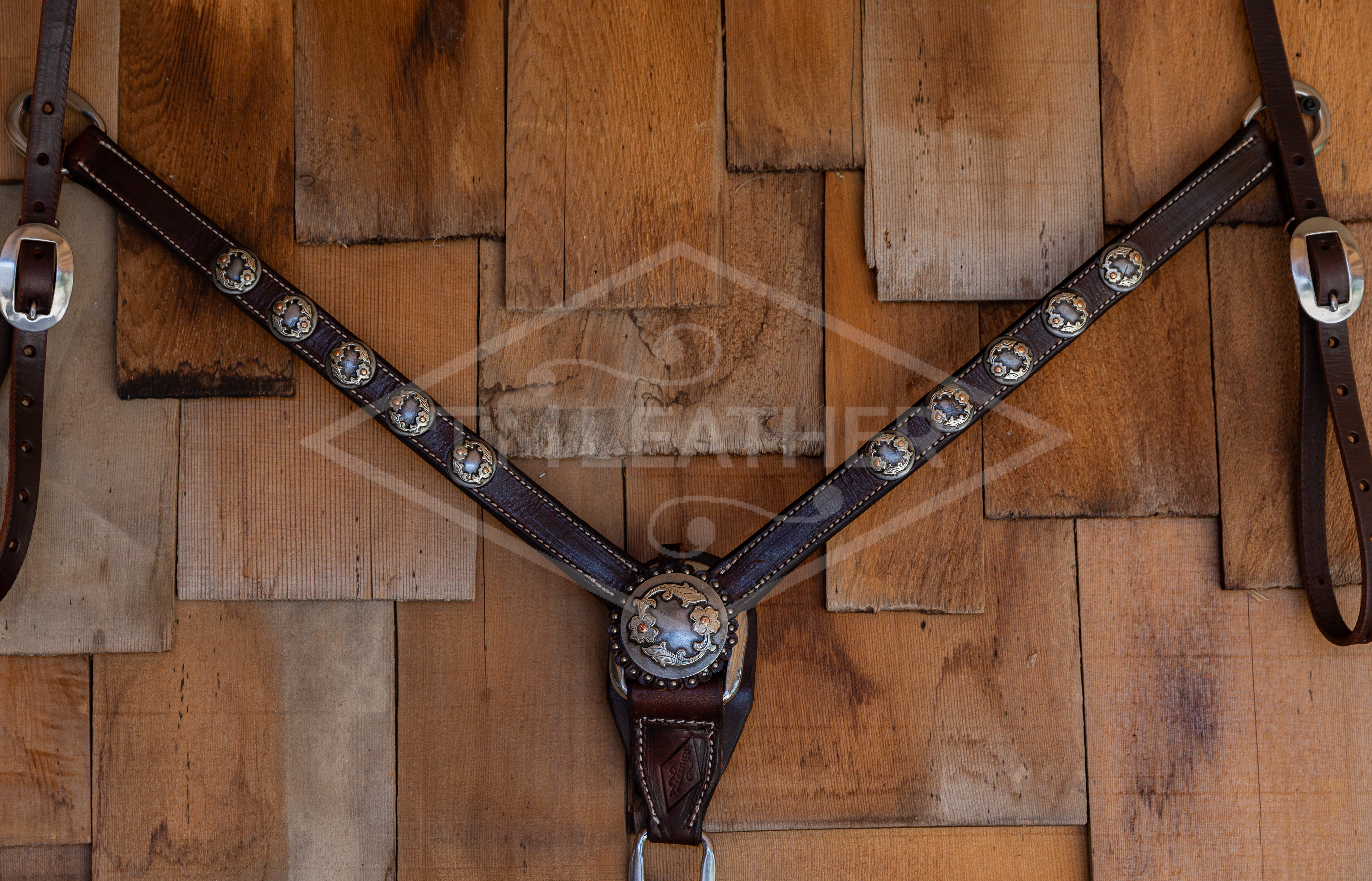 1" Chocolate Breastcollar w/ 10 Silver & Copper Round Floral Conchos & Matching Center Concho