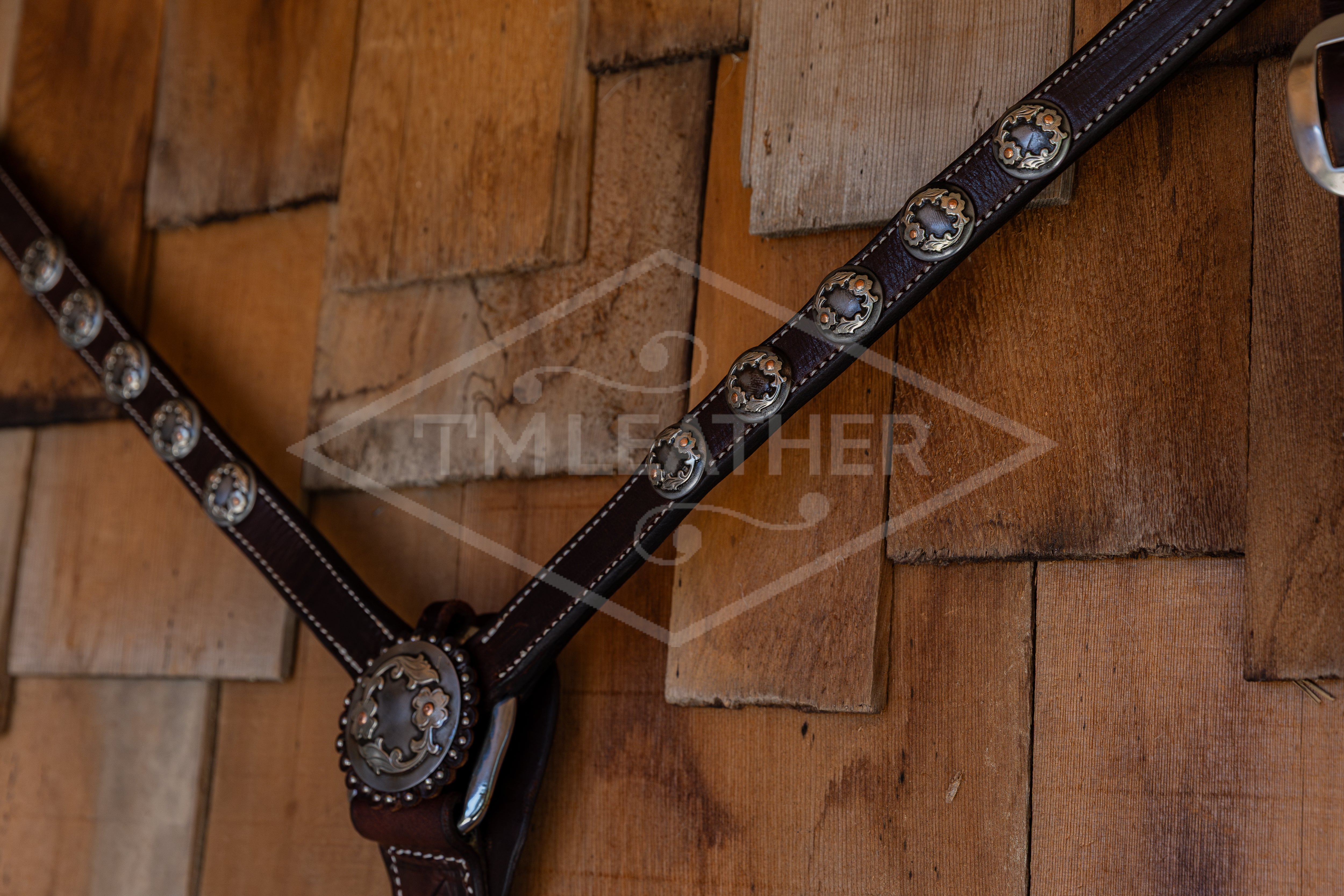1" Chocolate Breastcollar w/ 10 Silver & Copper Round Floral Conchos & Matching Center Concho