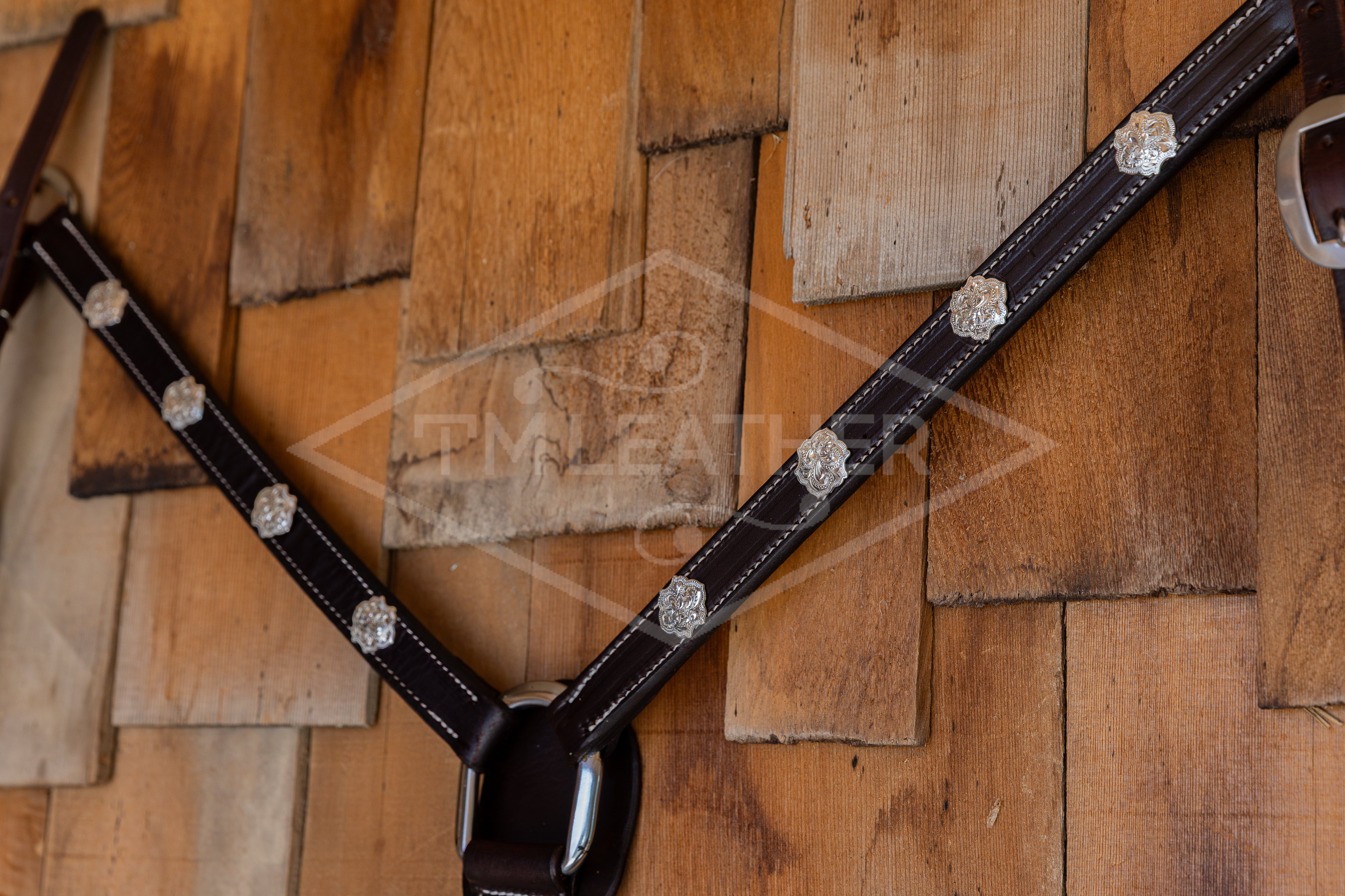 1" Chocolate Breast Collar w/ 8 Engraved Silver Plated Scalloped Diamond Conchos