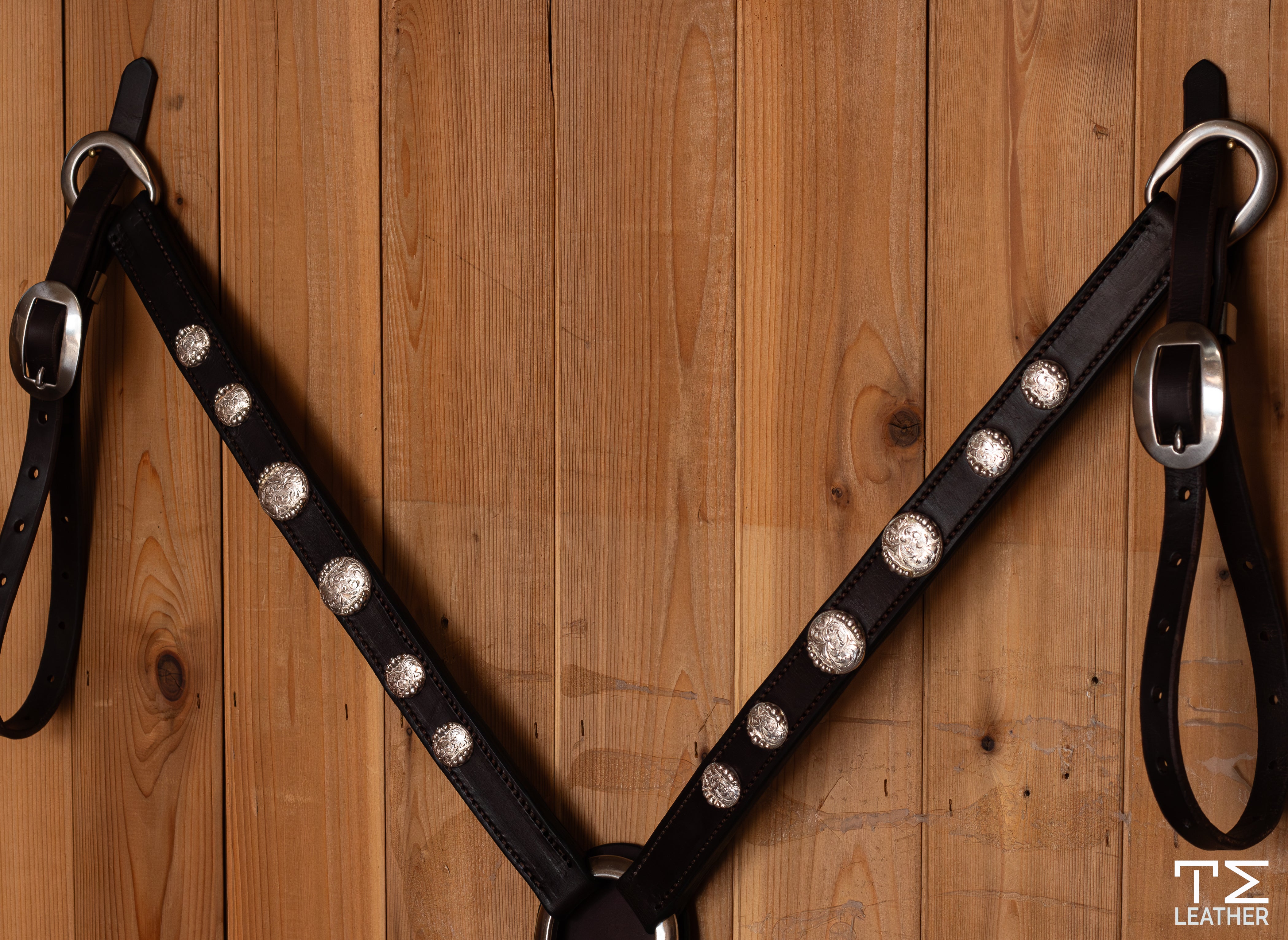 1" Chocolate Breast Collar with 6 Engraved Silver Plated Round Conchos with Graduated Beads