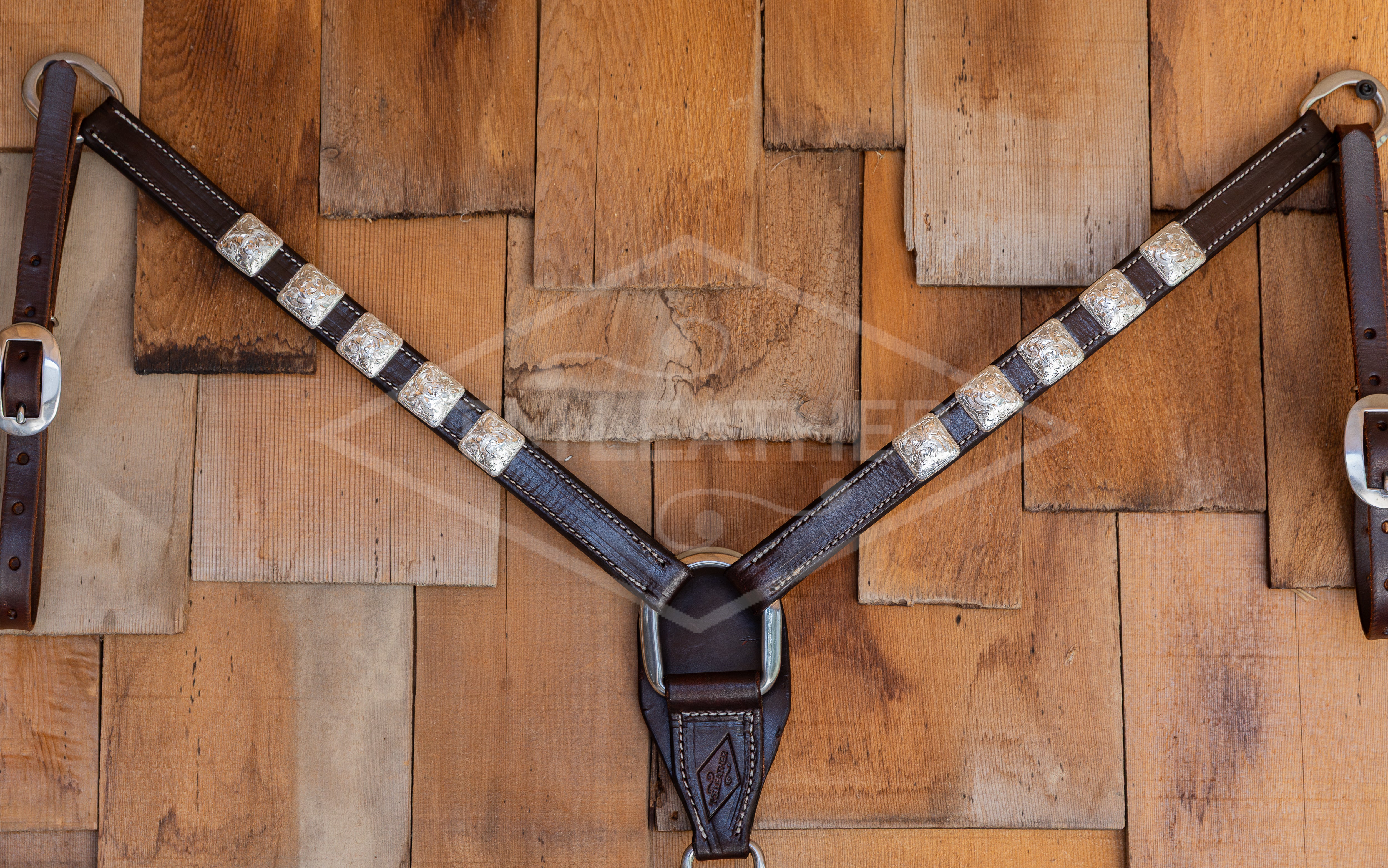 1" Chocolate Breast Collar w/ 10 Engraved Silver Plated Square Conchos