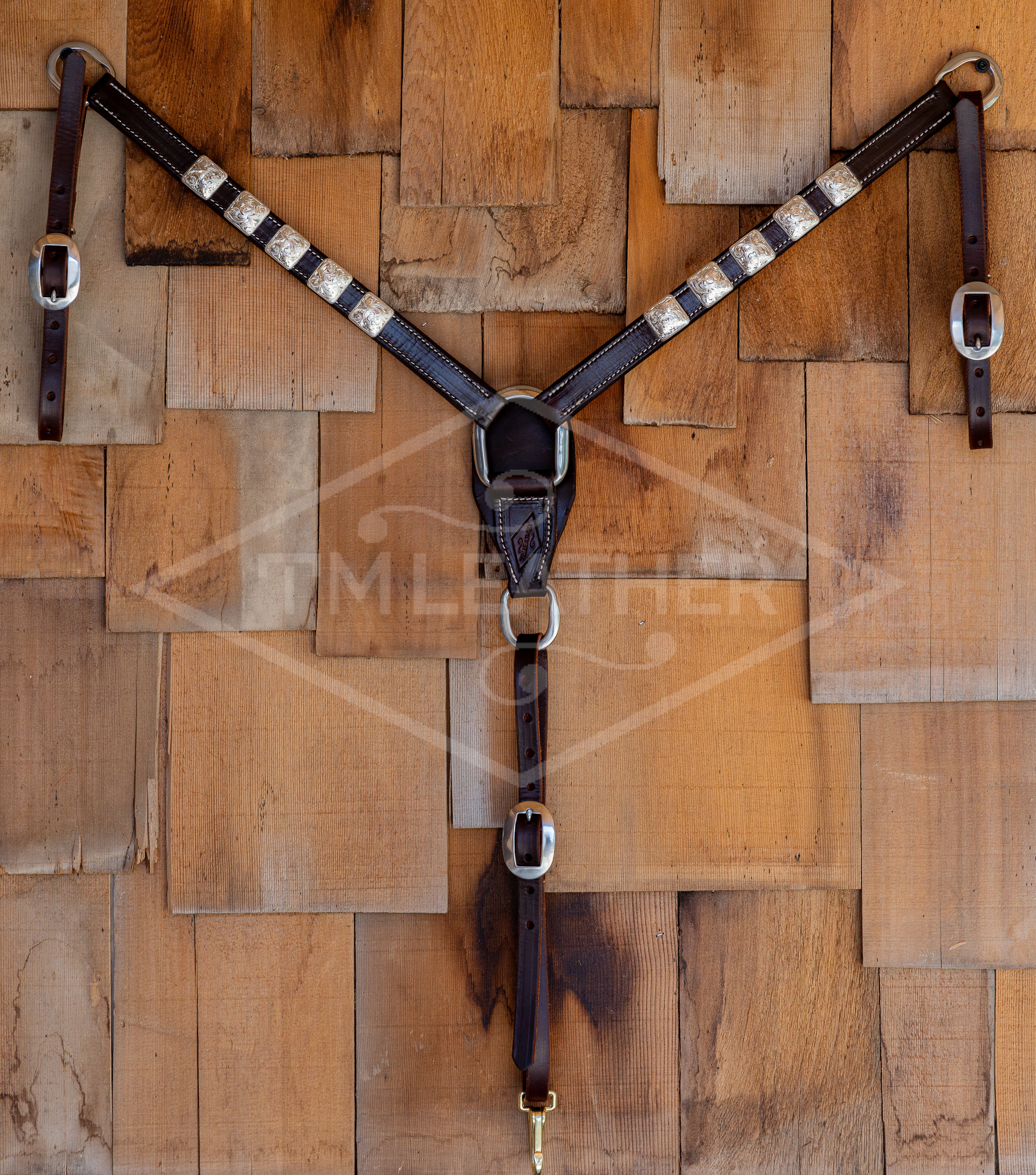 1" Chocolate Breast Collar w/ 10 Engraved Silver Plated Square Conchos