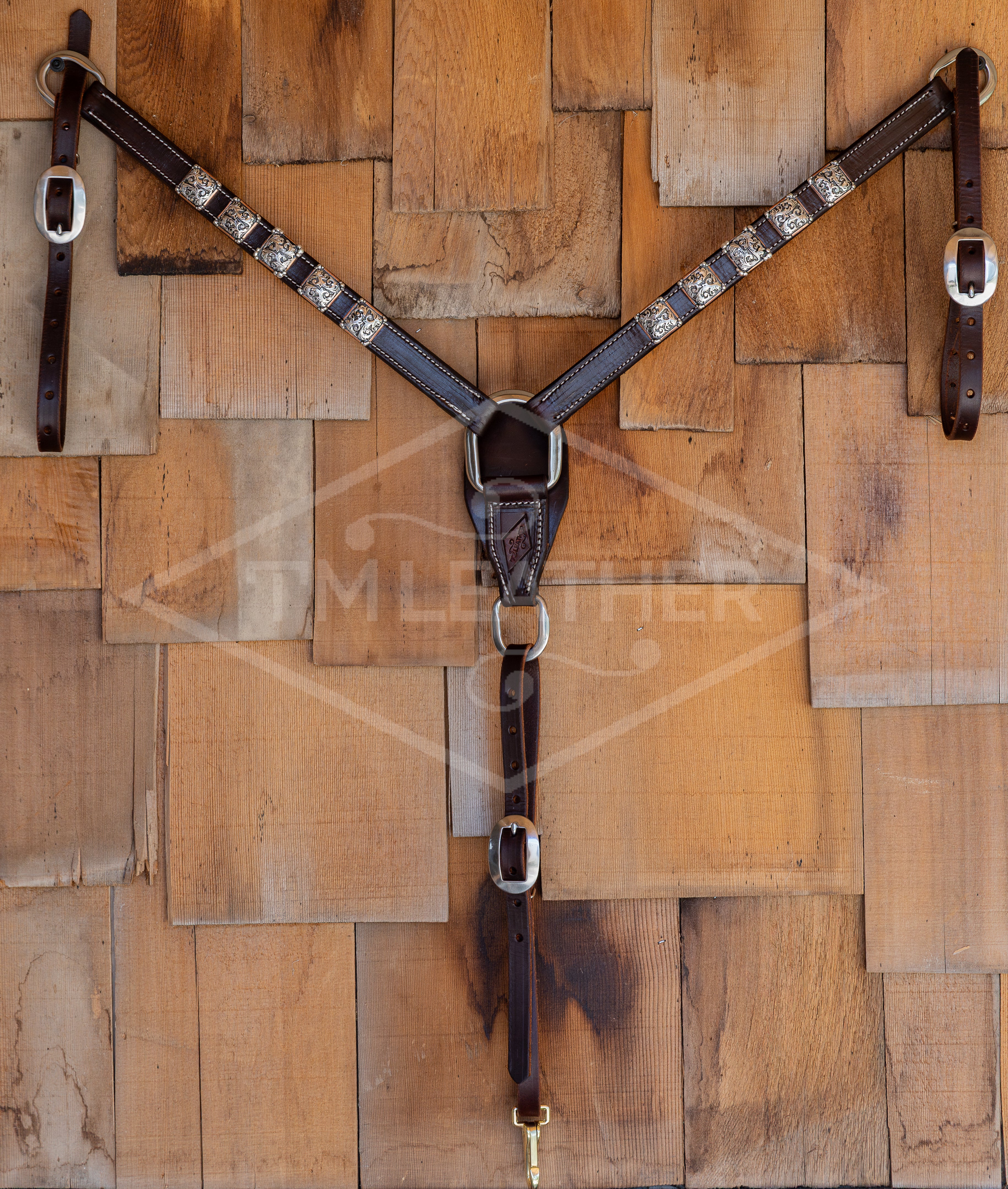 1" Chocolate Breastcollar w/ 10 Silver Overlay Square Conchos w/ Copper Edges & Beaded Accents