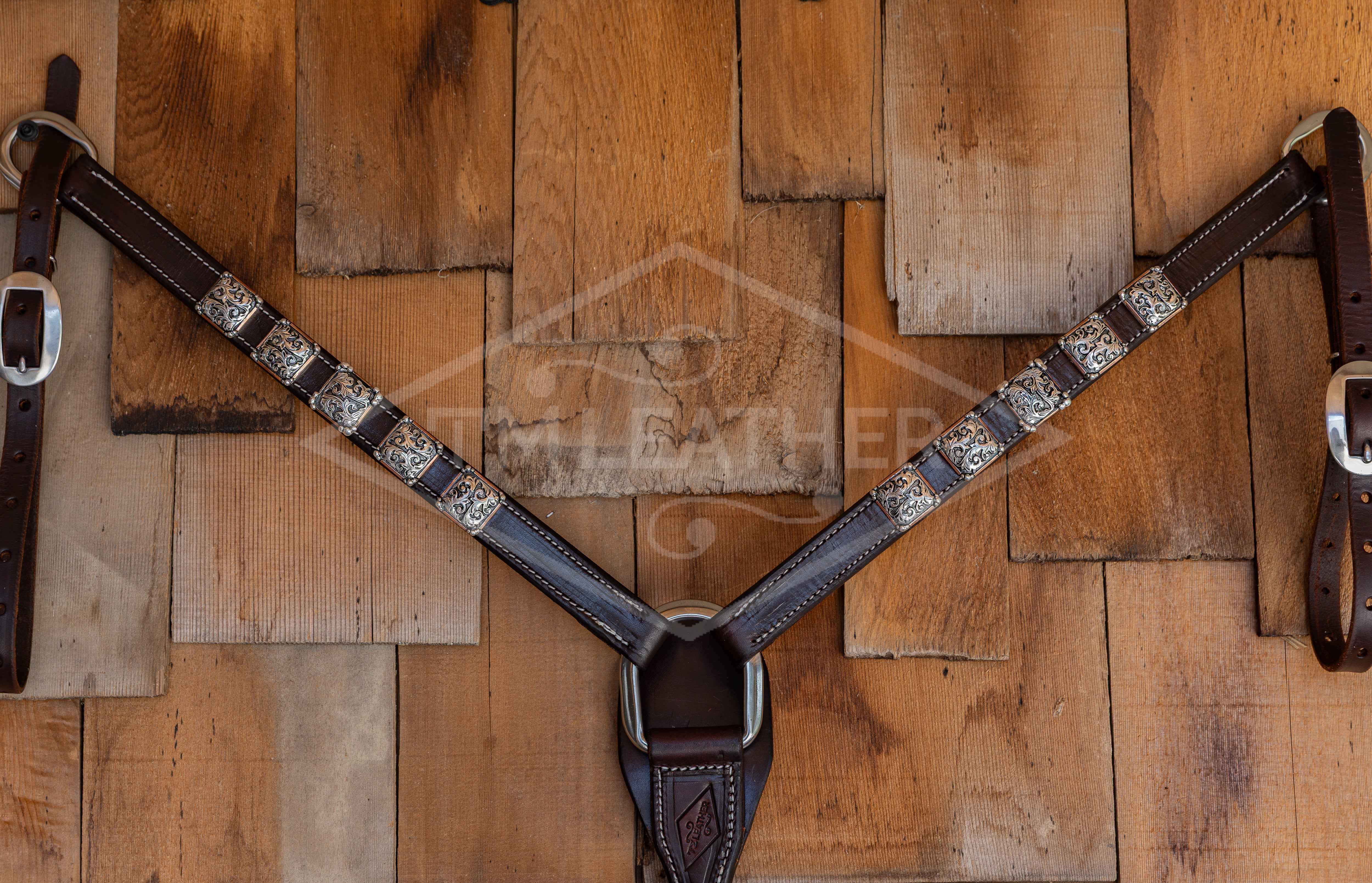 1" Chocolate Breastcollar w/ 10 Silver Overlay Square Conchos w/ Copper Edges & Beaded Accents