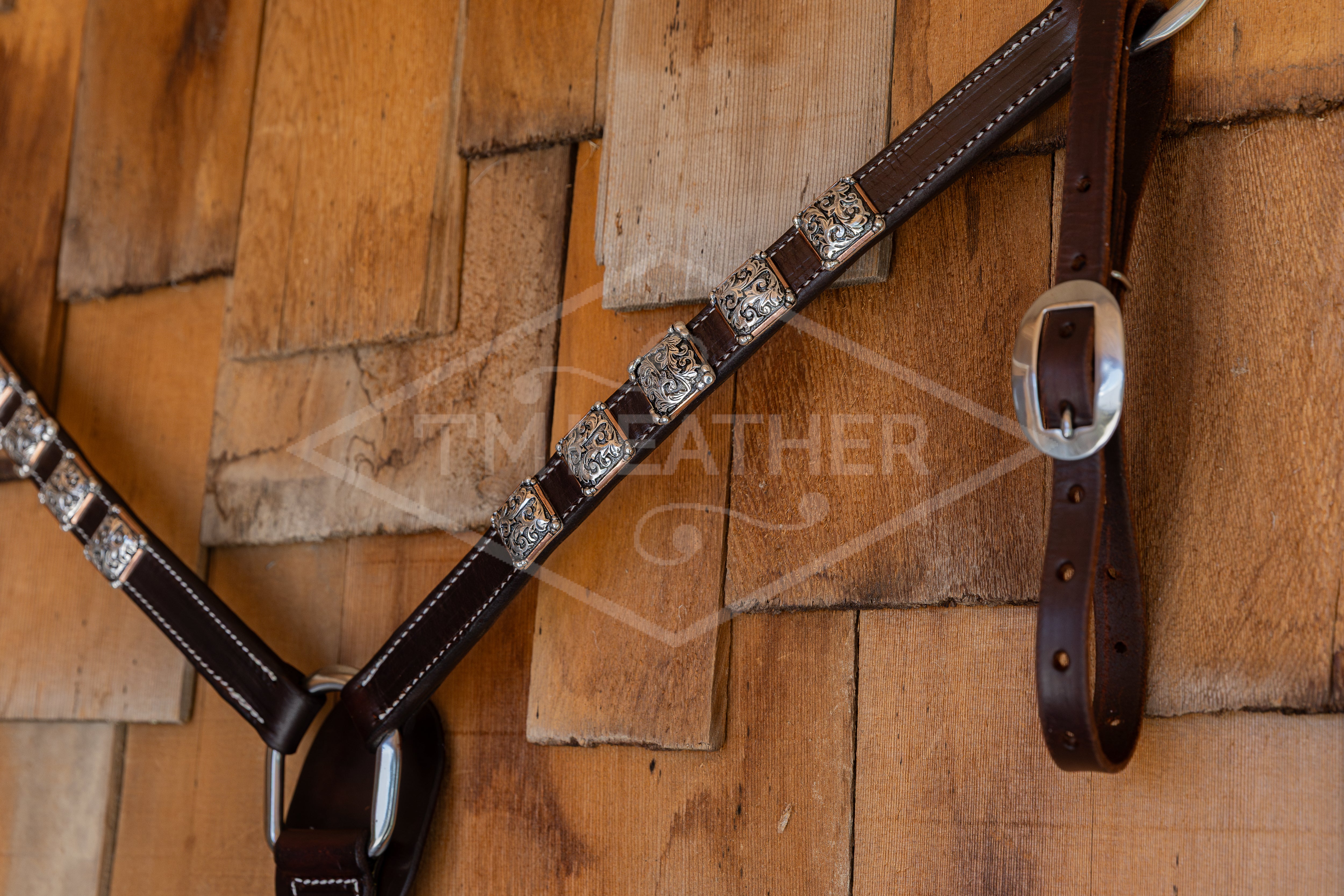 1" Chocolate Breastcollar w/ 10 Silver Overlay Square Conchos w/ Copper Edges & Beaded Accents