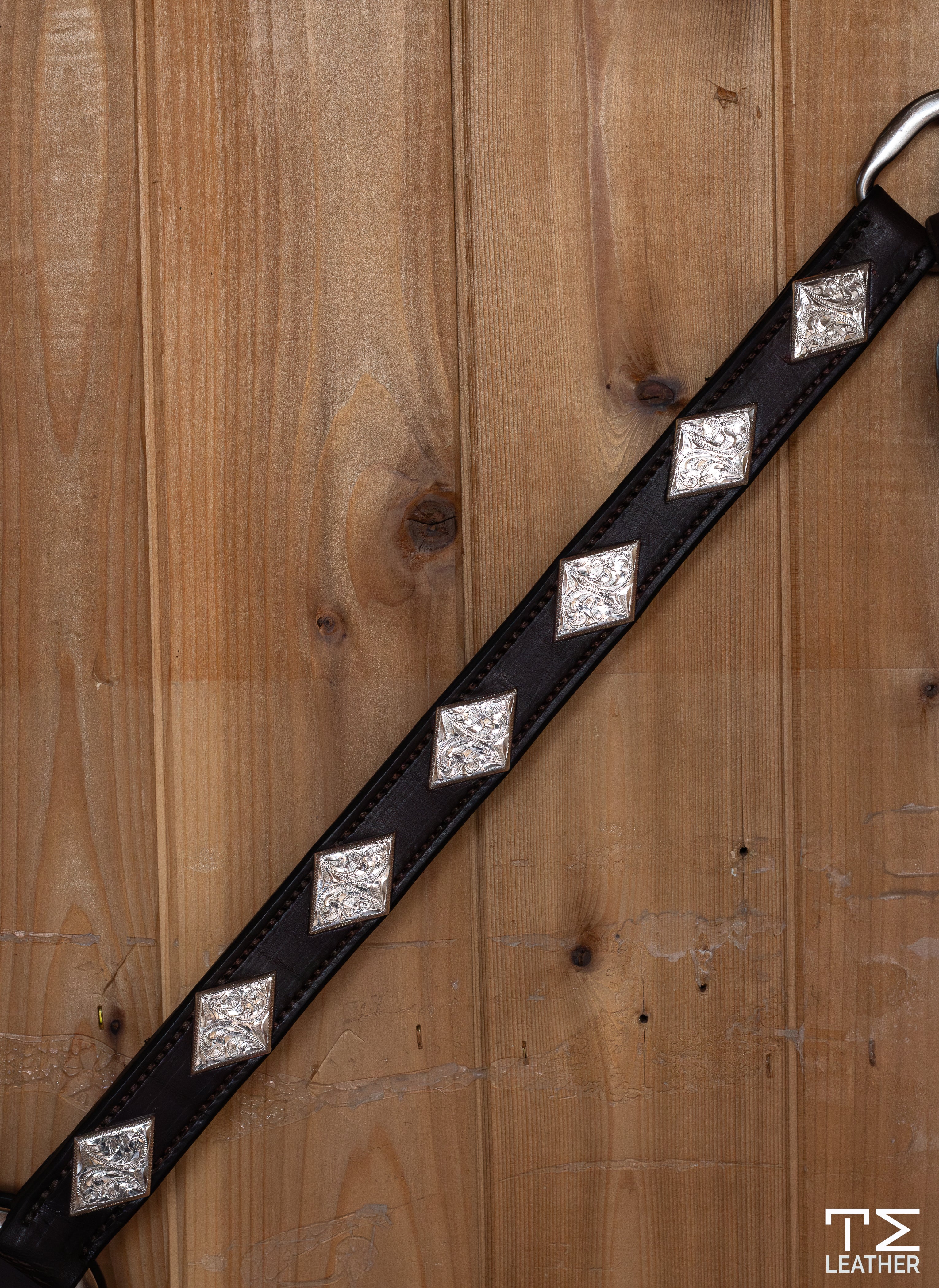 1" Chocolate Breast Collar w/ 7 Engraved Silver Plated Large Diamond Conchos