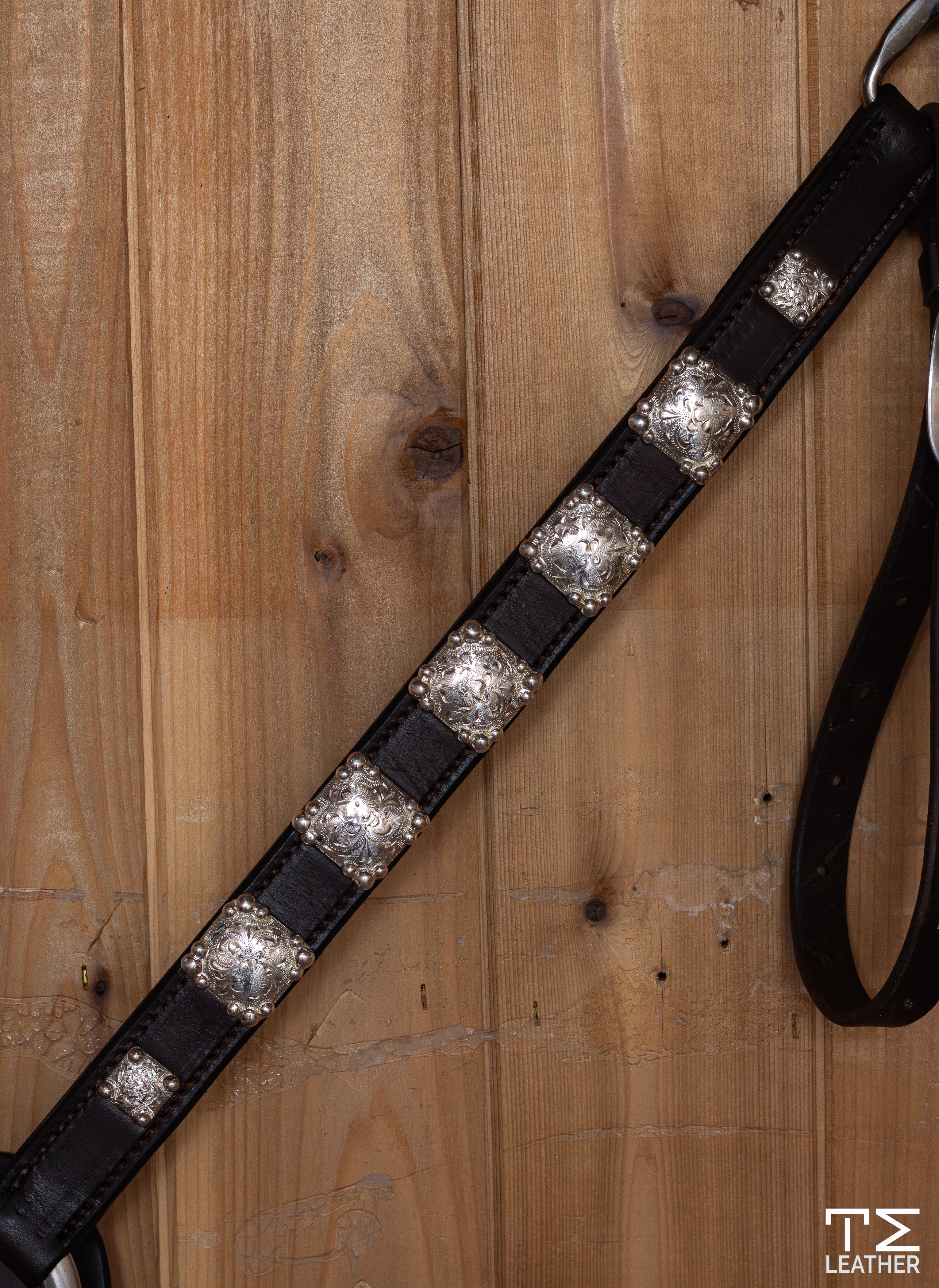 1" Chocolate Breast Collar with 7 Engraved Silver Plated Square Conchos with Graduated Beads