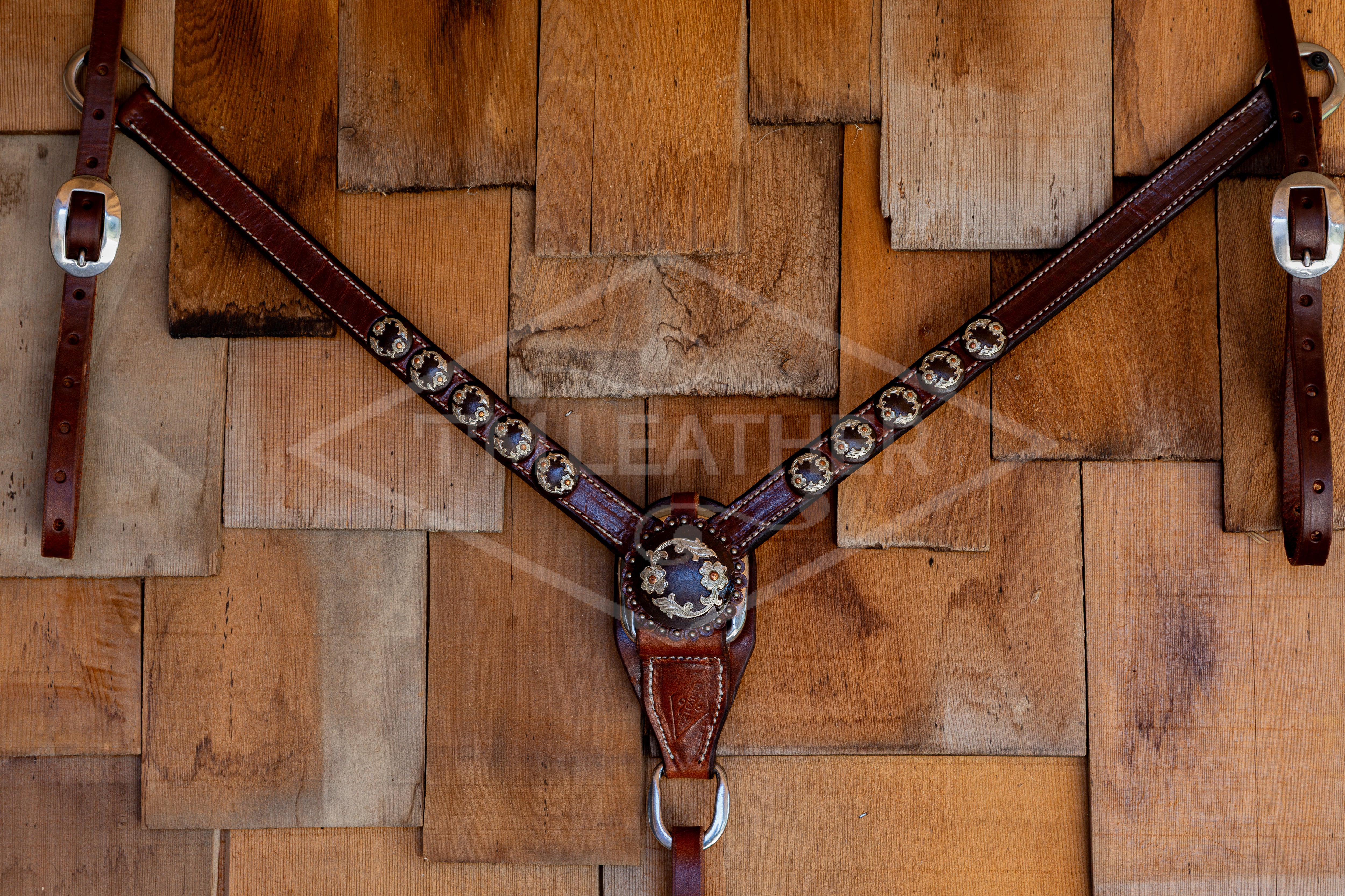 1" Natural Breastcollar w/ 10 Silver & Copper Round Conchos & Matching Center Concho