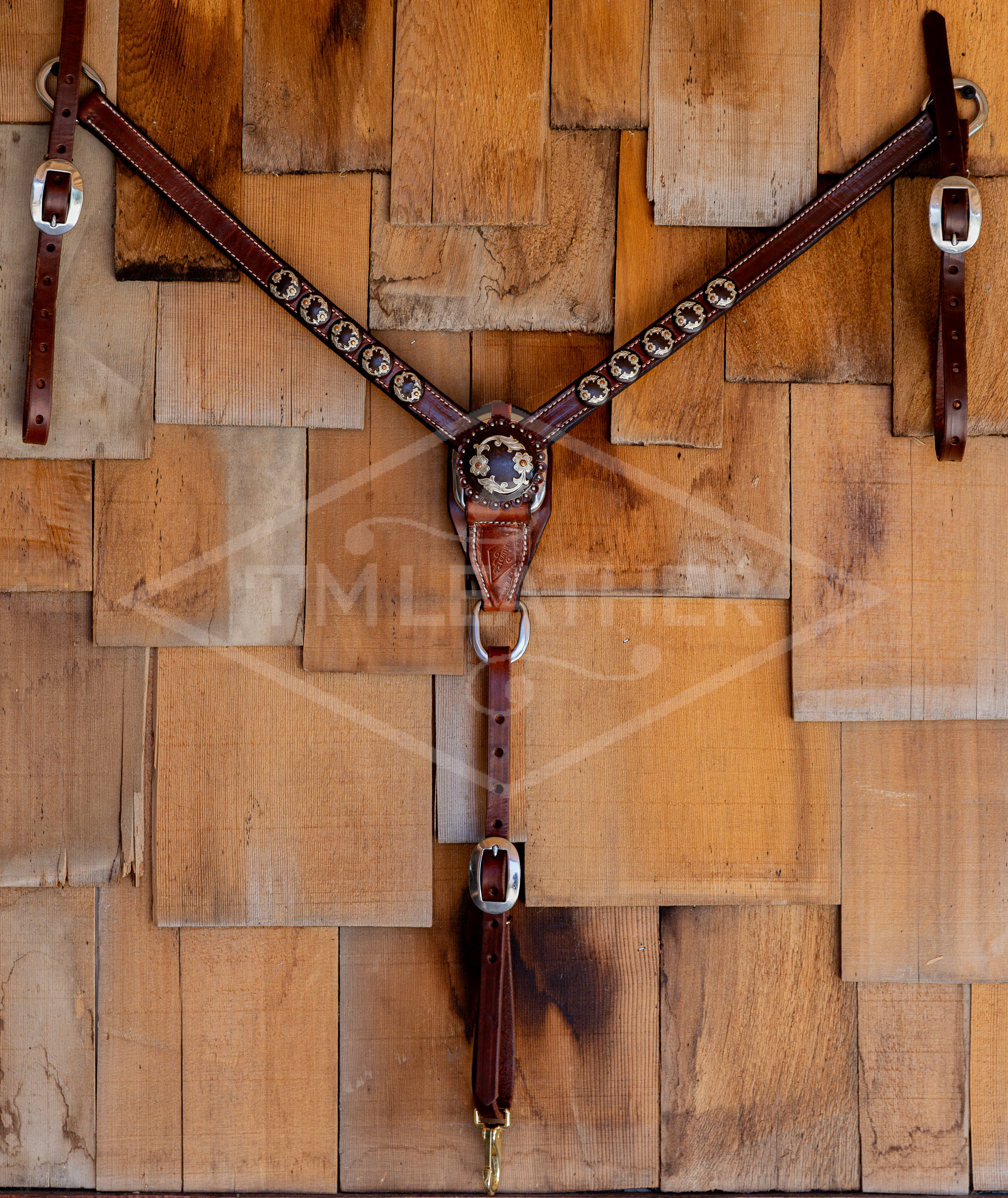 1" Natural Breastcollar w/ 10 Silver & Copper Round Conchos & Matching Center Concho