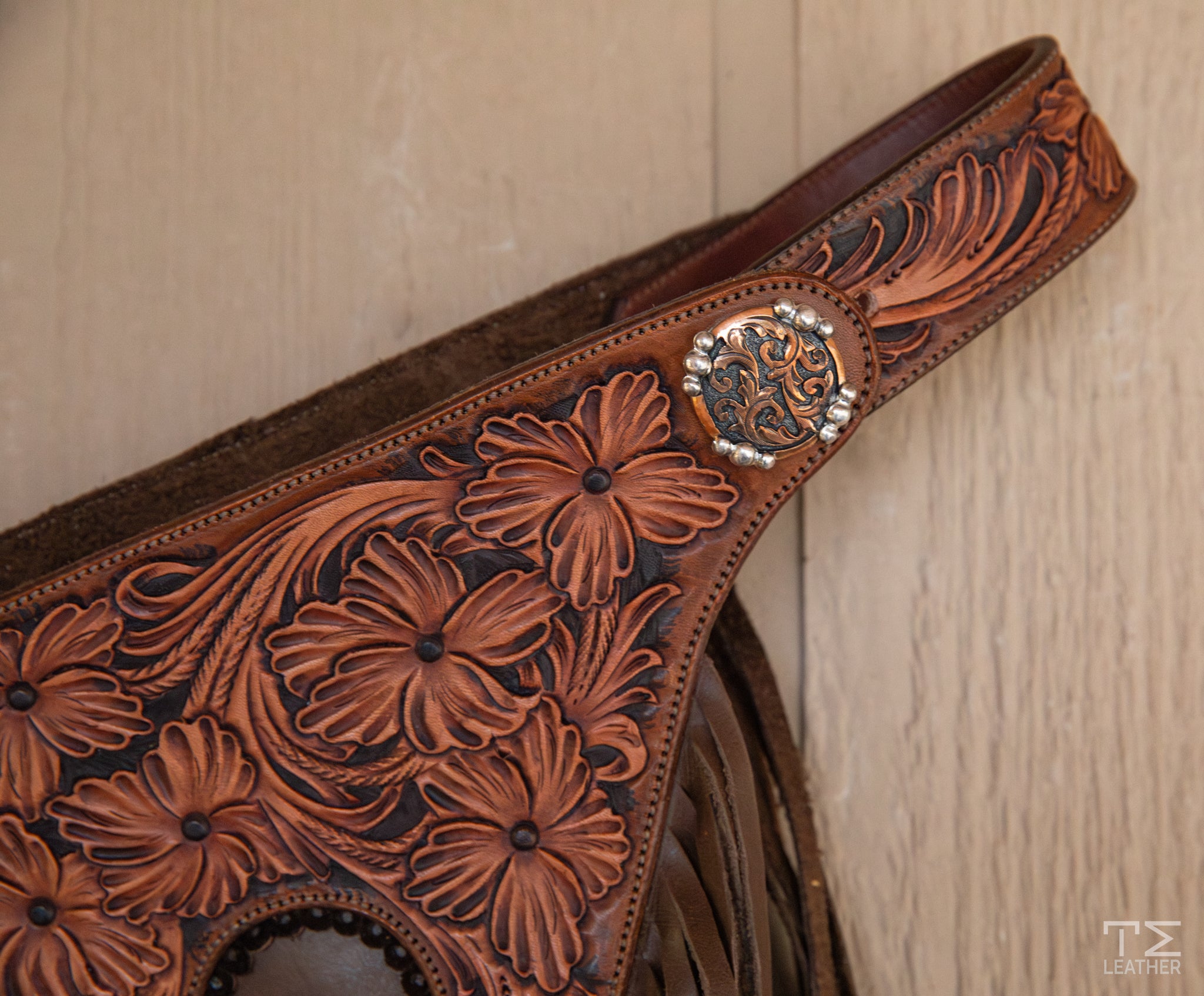 Taupe Smooth-out Chaps w/ Black, Lt. Brown & Walnut Floral Yokes & Pocket