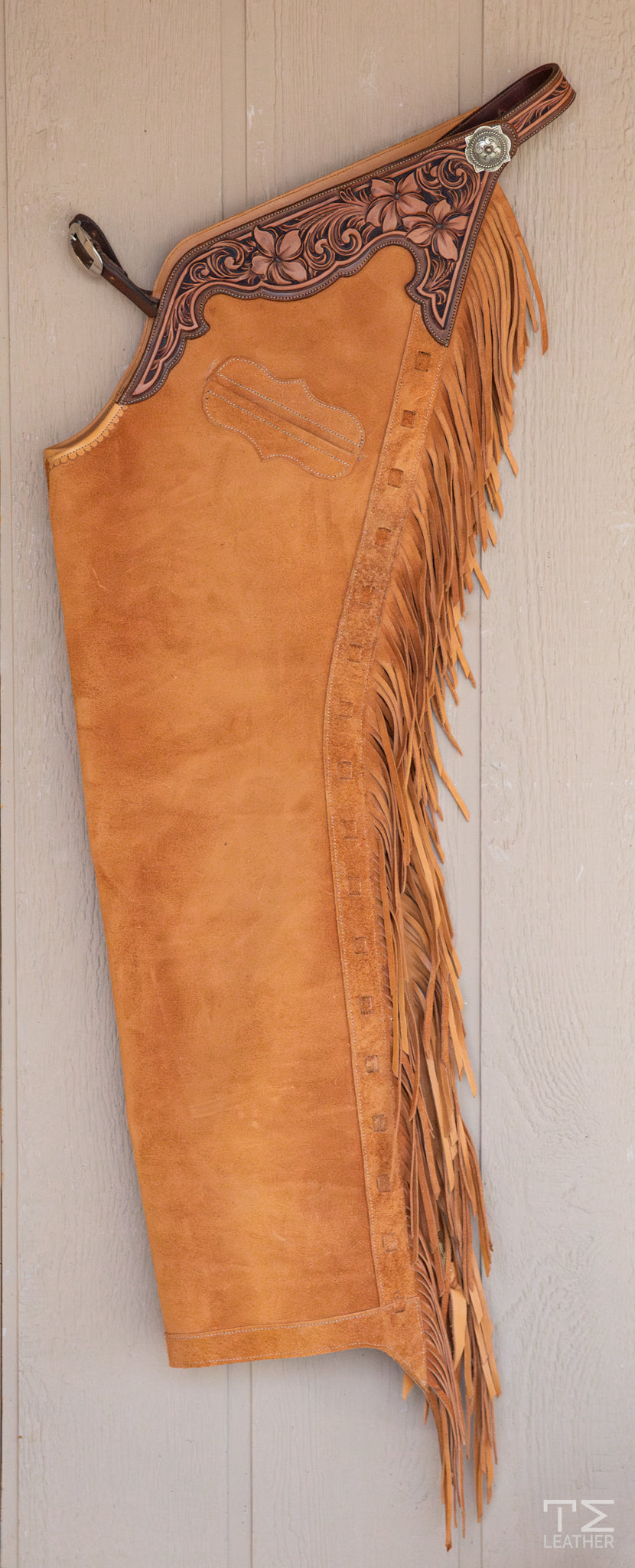 Buckskin Roughout Chaps w/ Chocolate & Medium Brown Floral Yokes w/ Pocket