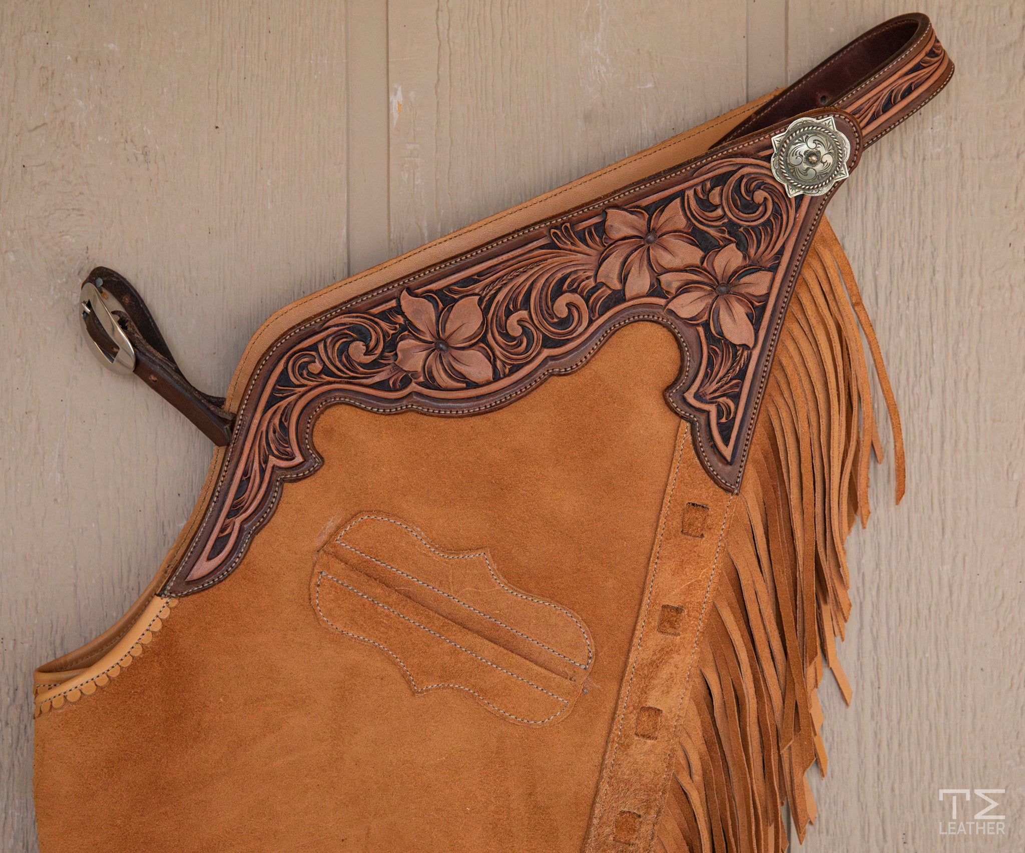 Buckskin Roughout Chaps w/ Chocolate & Medium Brown Floral Yokes w/ Pocket
