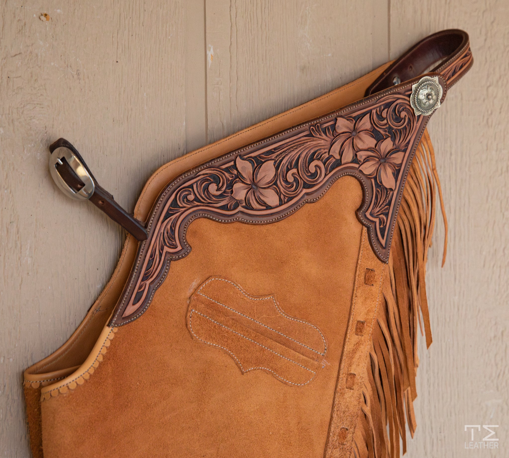 Buckskin Roughout Chaps w/ Chocolate & Medium Brown Floral Yokes w/ Pocket