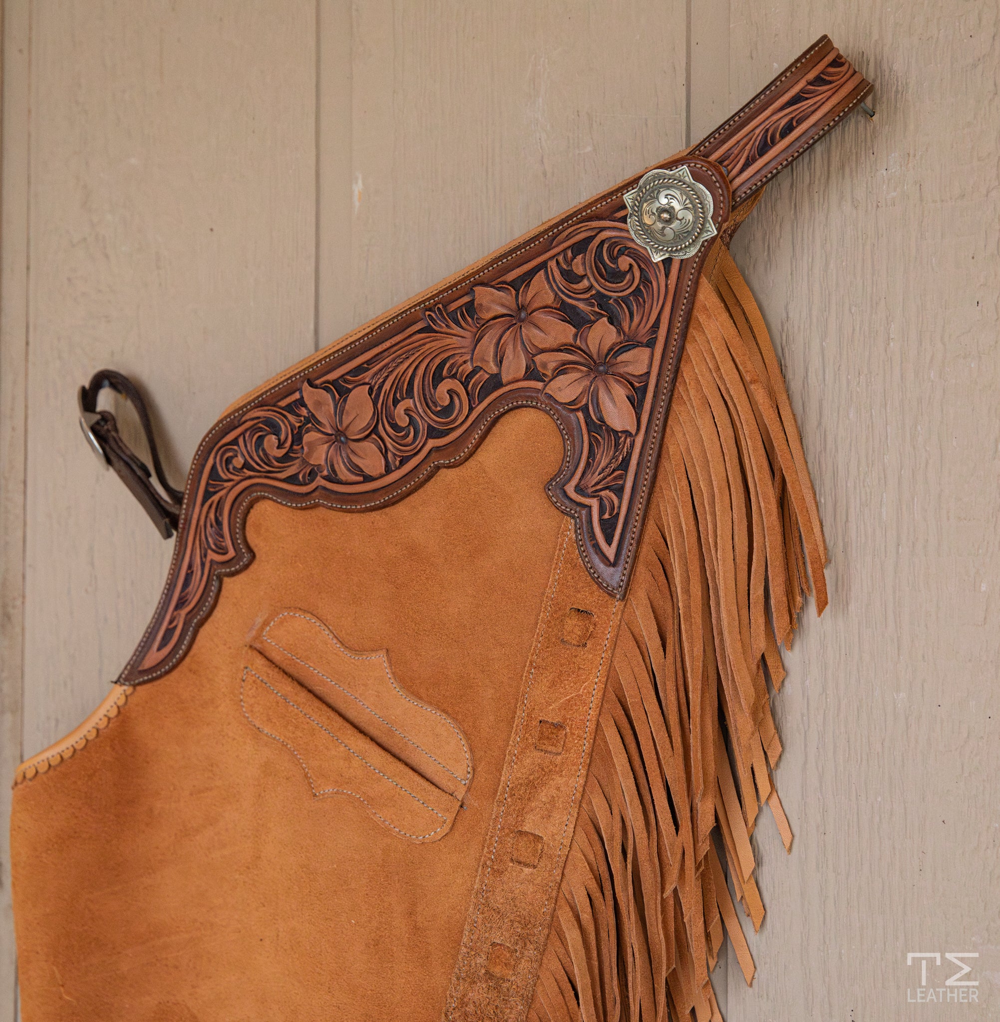 Buckskin Roughout Chaps w/ Chocolate & Medium Brown Floral Yokes w/ Pocket