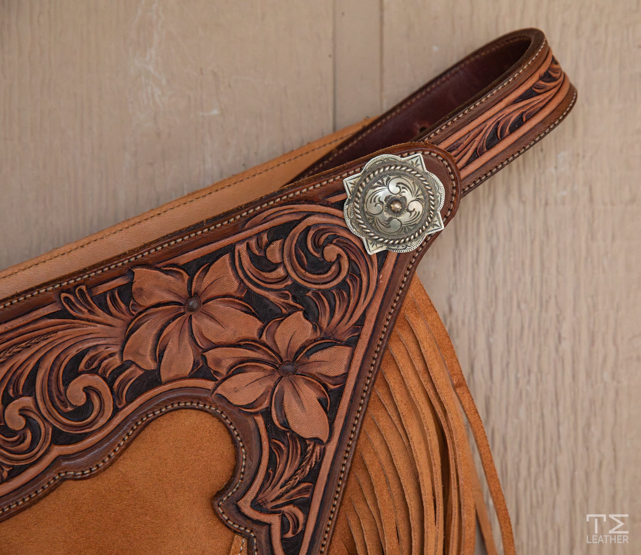 Buckskin Roughout Chaps w/ Chocolate & Medium Brown Floral Yokes w/ Pocket