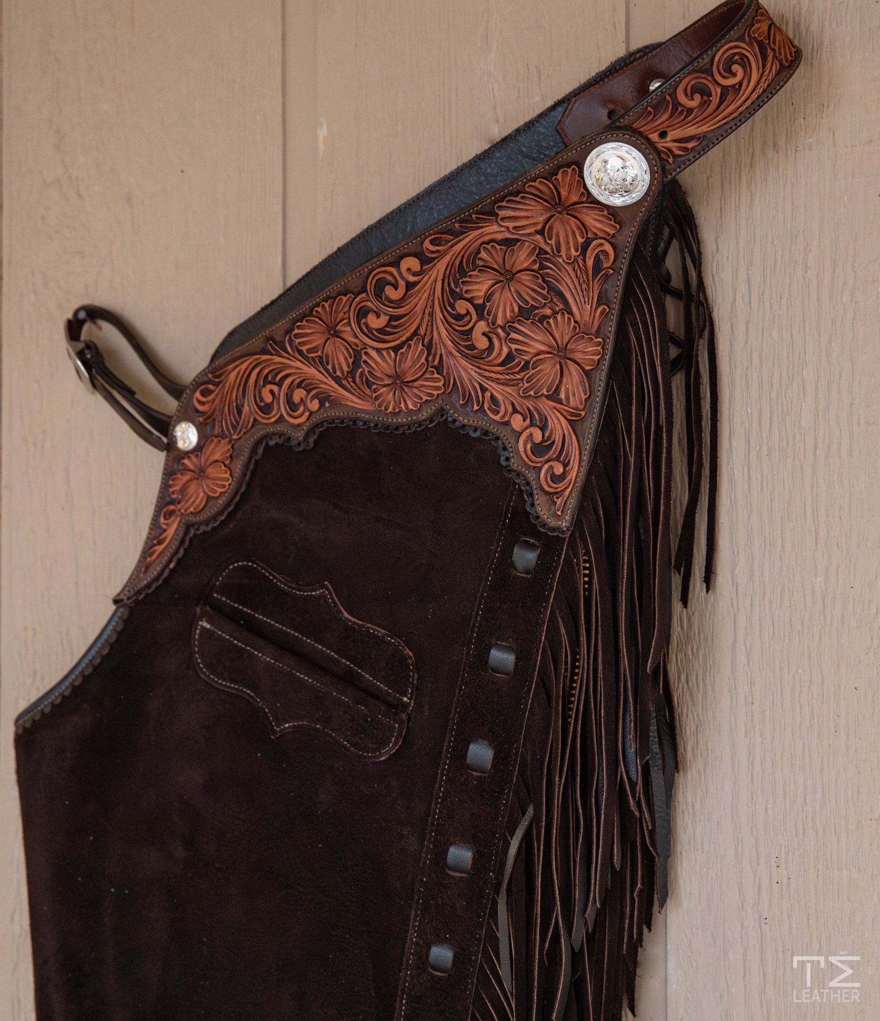 Chocolate Roughout Chaps w/ Chocolate & Lt. Brown Floral Yokes w/ Pocket