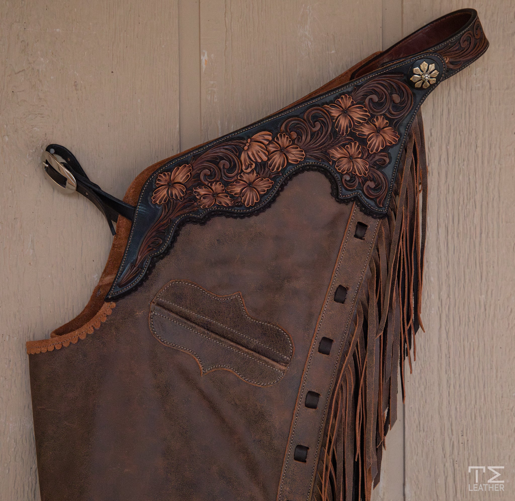 Distressed Brown Smooth-out Chaps w/ Black, Lt. Brown, & Walnut Floral Yokes w/ Pocket