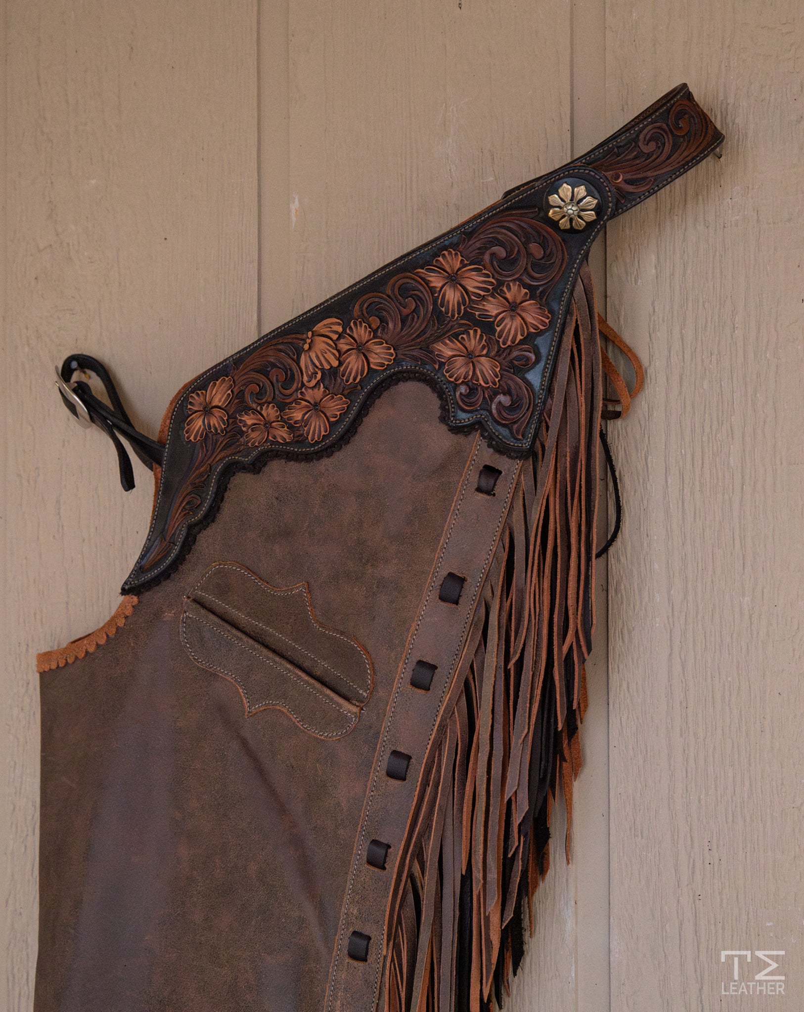 Distressed Brown Smooth-out Chaps w/ Black, Lt. Brown, & Walnut Floral Yokes w/ Pocket